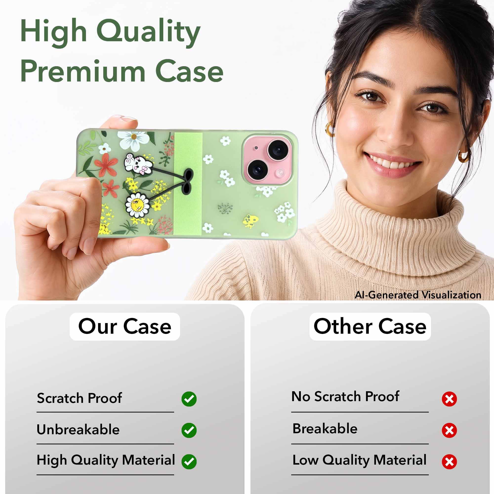 For Apple iPhone 15 Back Cover Case (3D Cute Cartoons | Hard Back Side Soft | Matte Premium Finish | HD Printing)