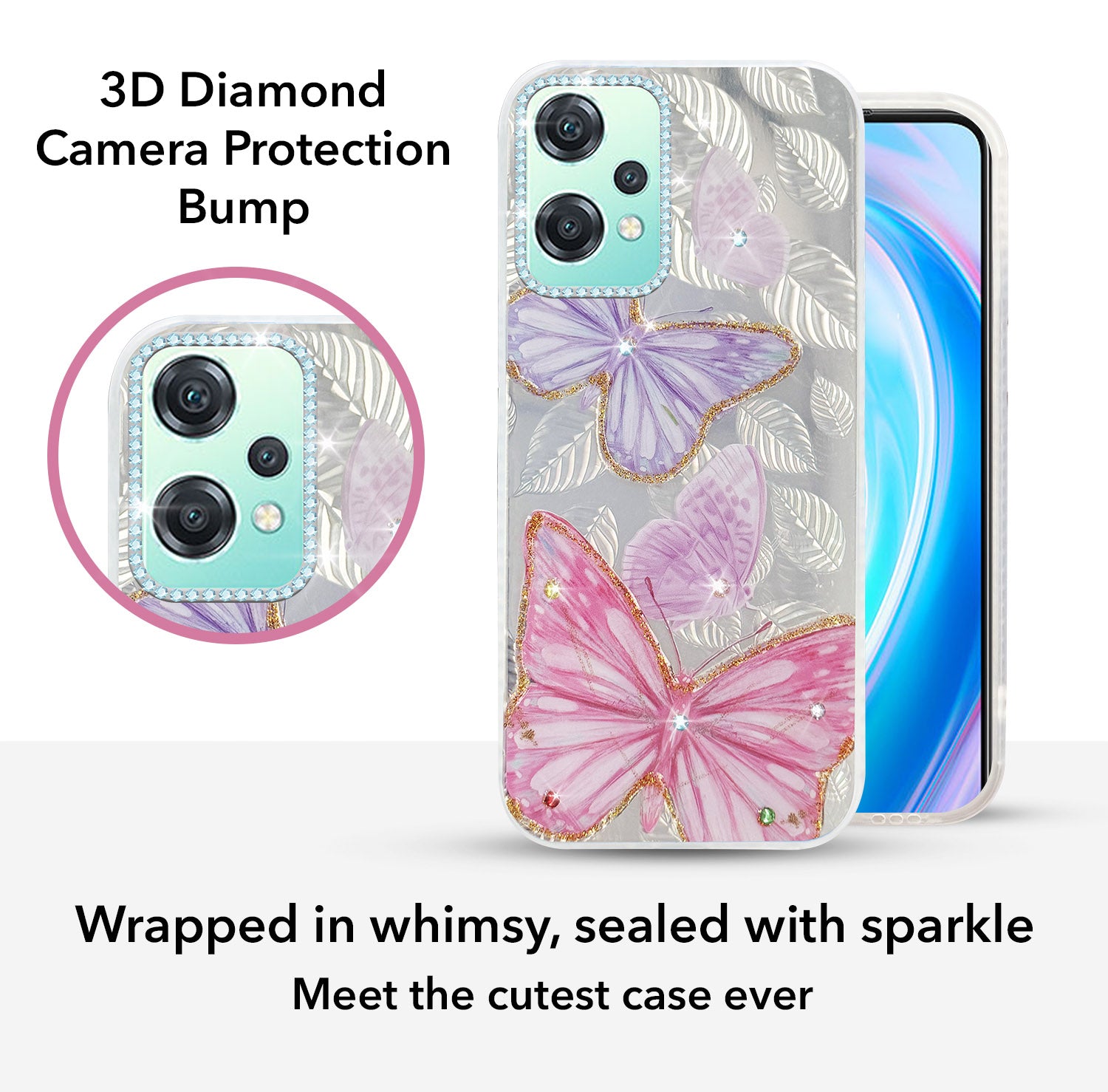 For OnePlus Nord CE 2 Lite Back Cover Case (Luxury Floral Glitter Cute Butterfly | Diamond Studded Camera Bump | Girls & Women Design)