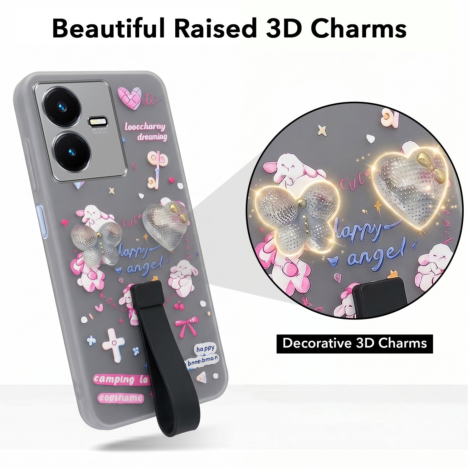 For Vivo Y22 | Vivo Y22s Back Cover Case (3D Cute Heart Strap Holder | Camera Protection | Designer Girls Print)