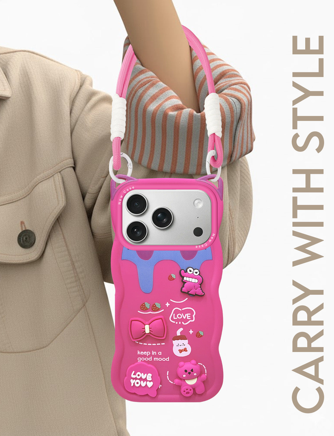 For Apple iPhone 18 Pro Back Case Cover Strap (3D Embossed Figures | Strap Holder | 360* Soft Cushion with Camera Bump)