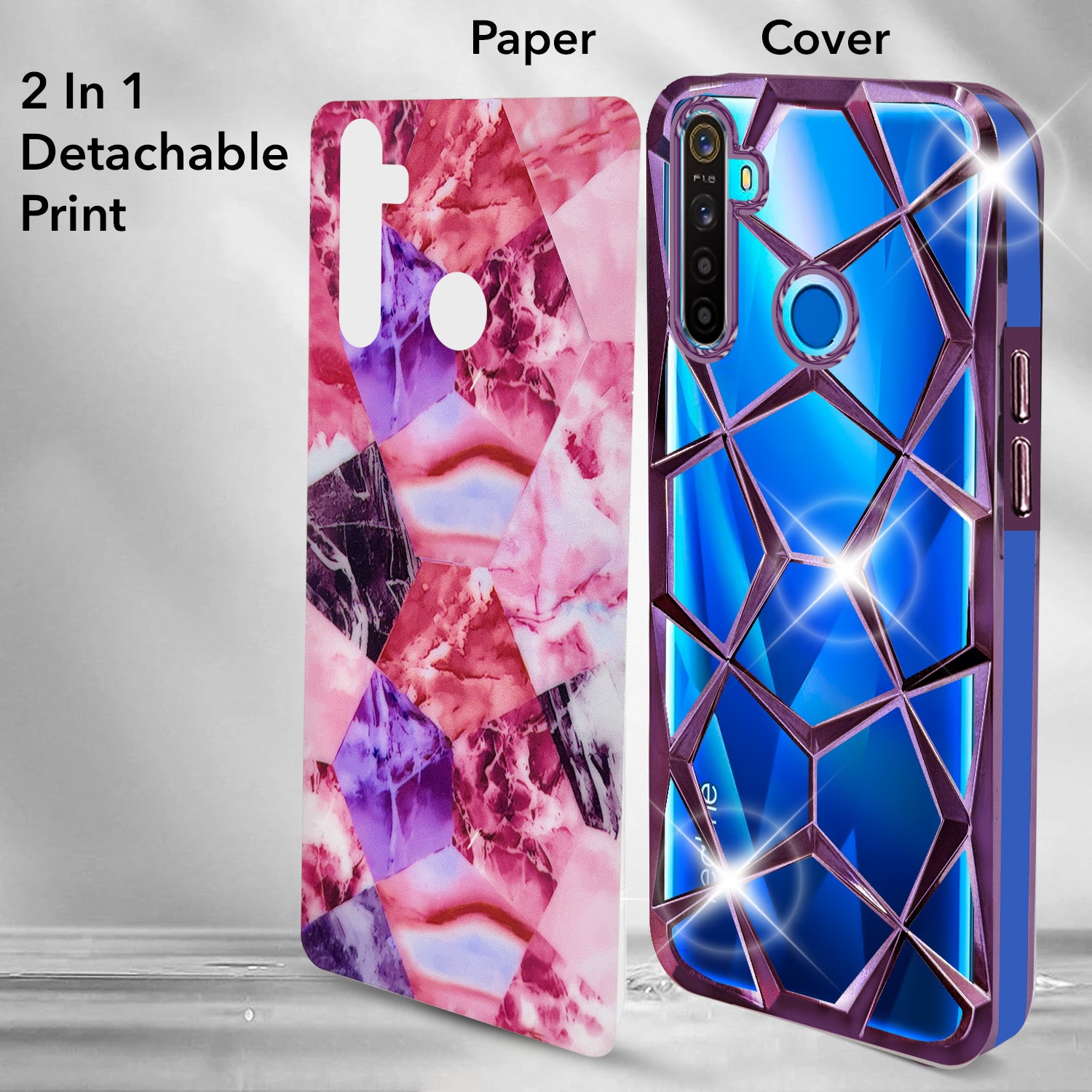 For Realme 5 | 5s | 5i Back Cover Case (Dual Design Glitter Sparkle and Detachable Diamond Print Case | Soft and Flexible)
