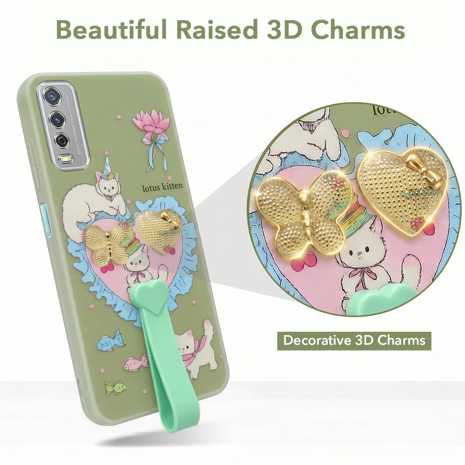 For Vivo Y12s | Y11s | Y12G Back Cover Case (3D Cute Heart Strap Holder | Camera Protection | Designer Girls Print)