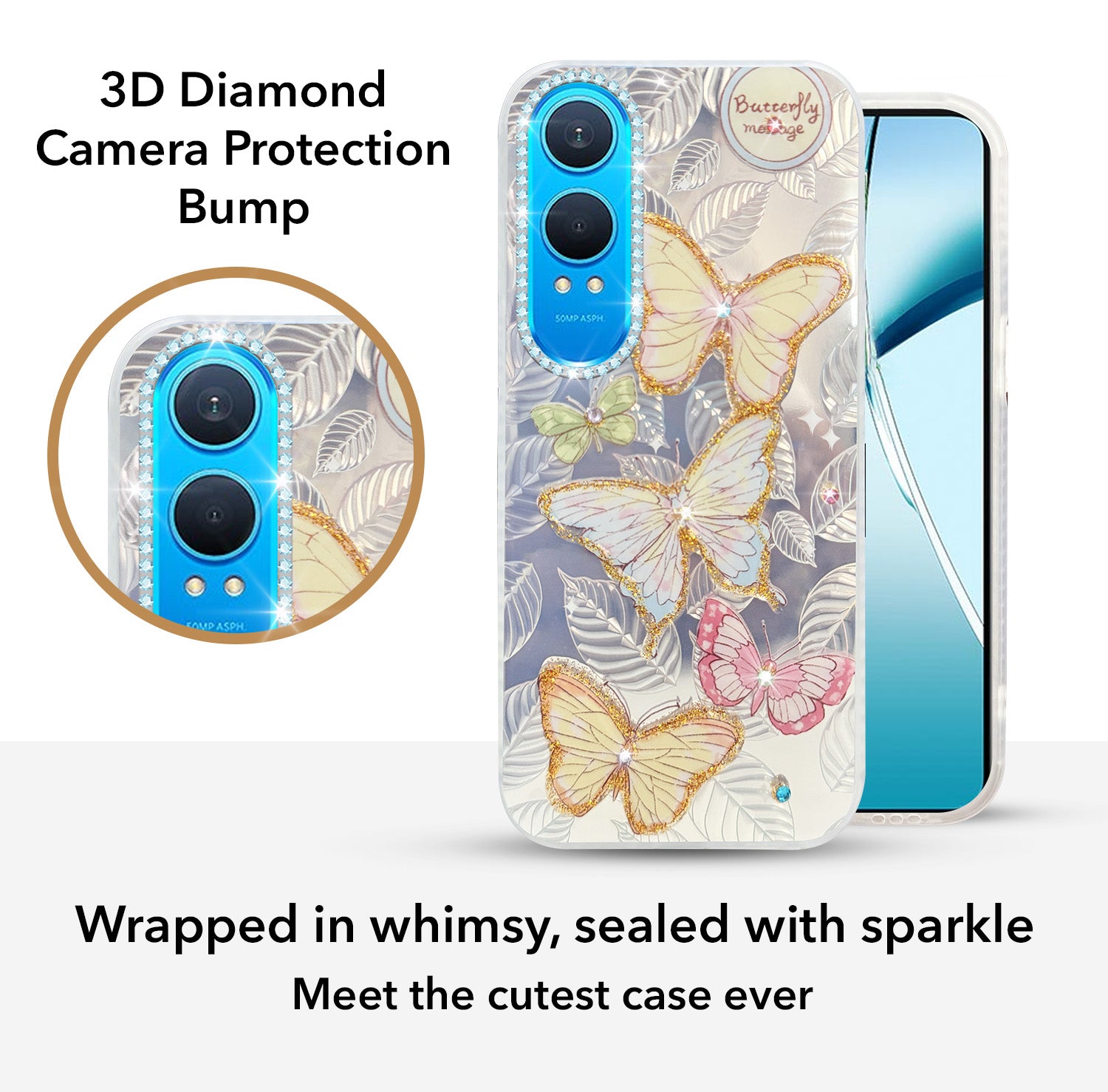 For OnePlus Nord CE 4 Lite Back Cover Case (Luxury Floral Glitter Cute Butterfly | Diamond Studded Camera Bump | Girls & Women Design)