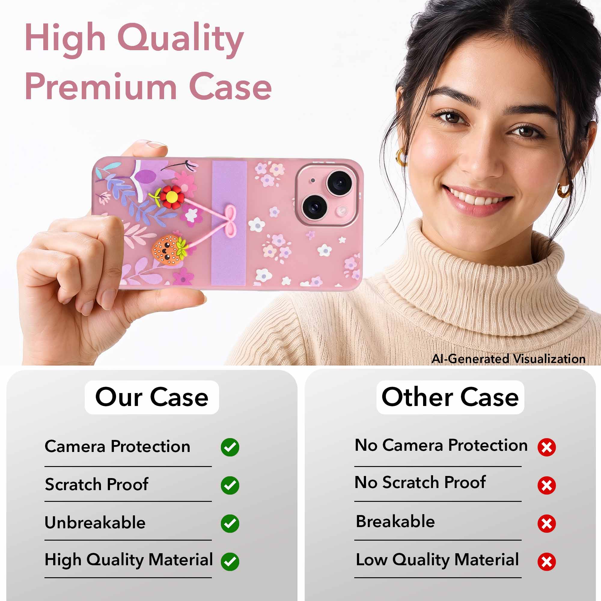 For Apple iPhone 15 Back Cover Case (3D Cute Cartoons | Hard Back Side Soft | Matte Premium Finish | HD Printing)