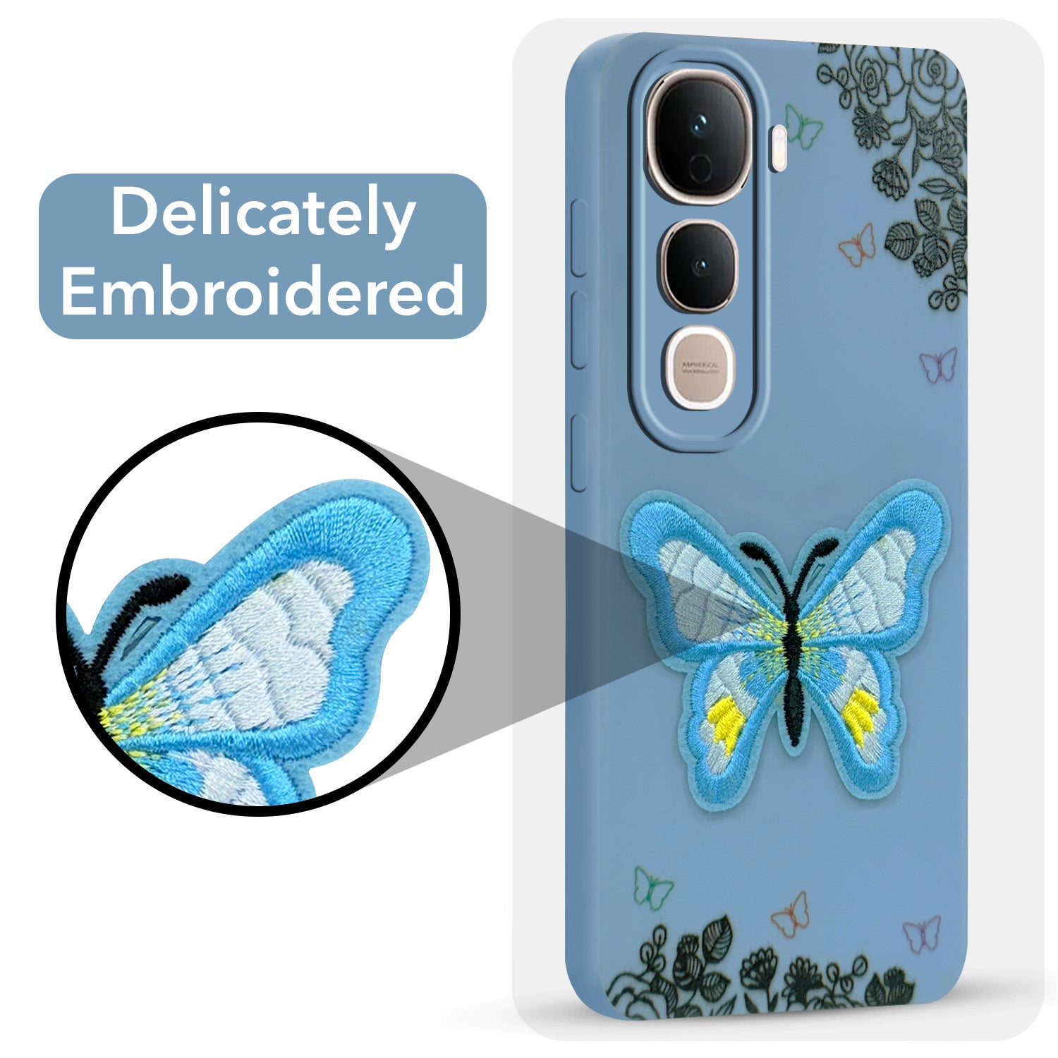 For Vivo Y400 Pro Back Cover Case (Soft Butterfly Embroidery | Women Teen Girls | Camera Protection| Matte Silicone)