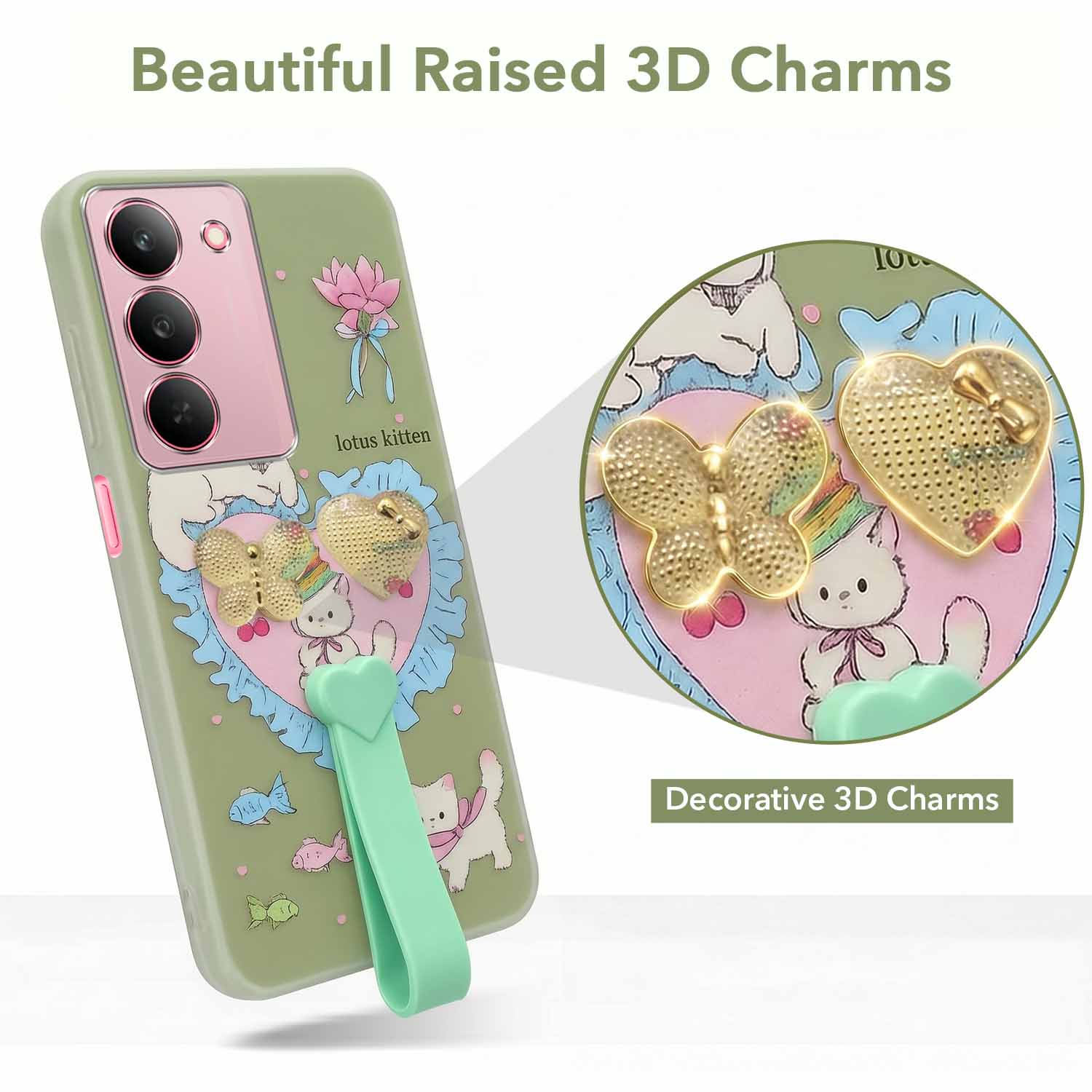 For Realme 14X Back Cover Case (3D Cute Heart Strap Holder | Camera Protection | Designer Girls Print)