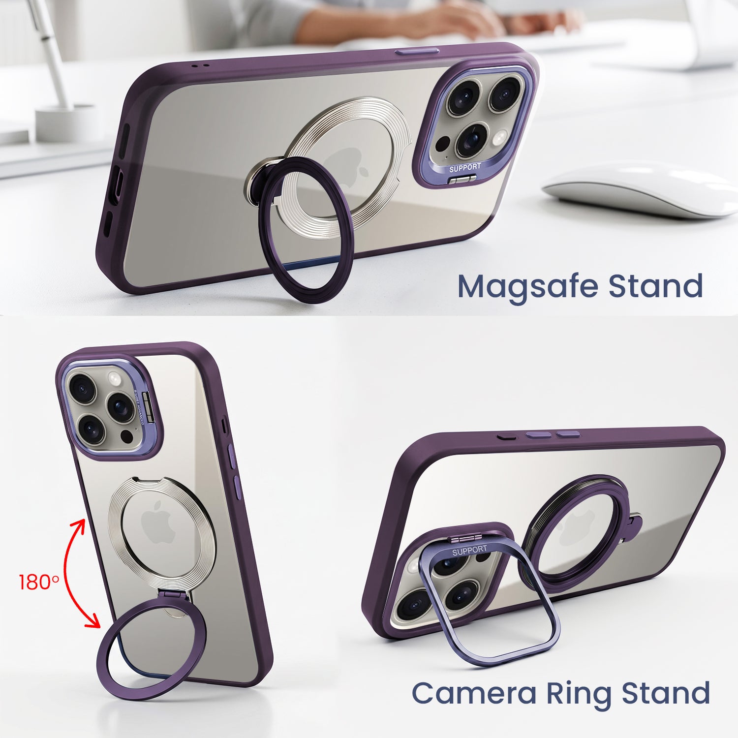 For Apple iPhone 15 Pro Max Back Cover Case Crystal (Lifetime Anti Yellow | Magnetic Ring Stand | Camera Lens Protection | MagSafe Compatible)