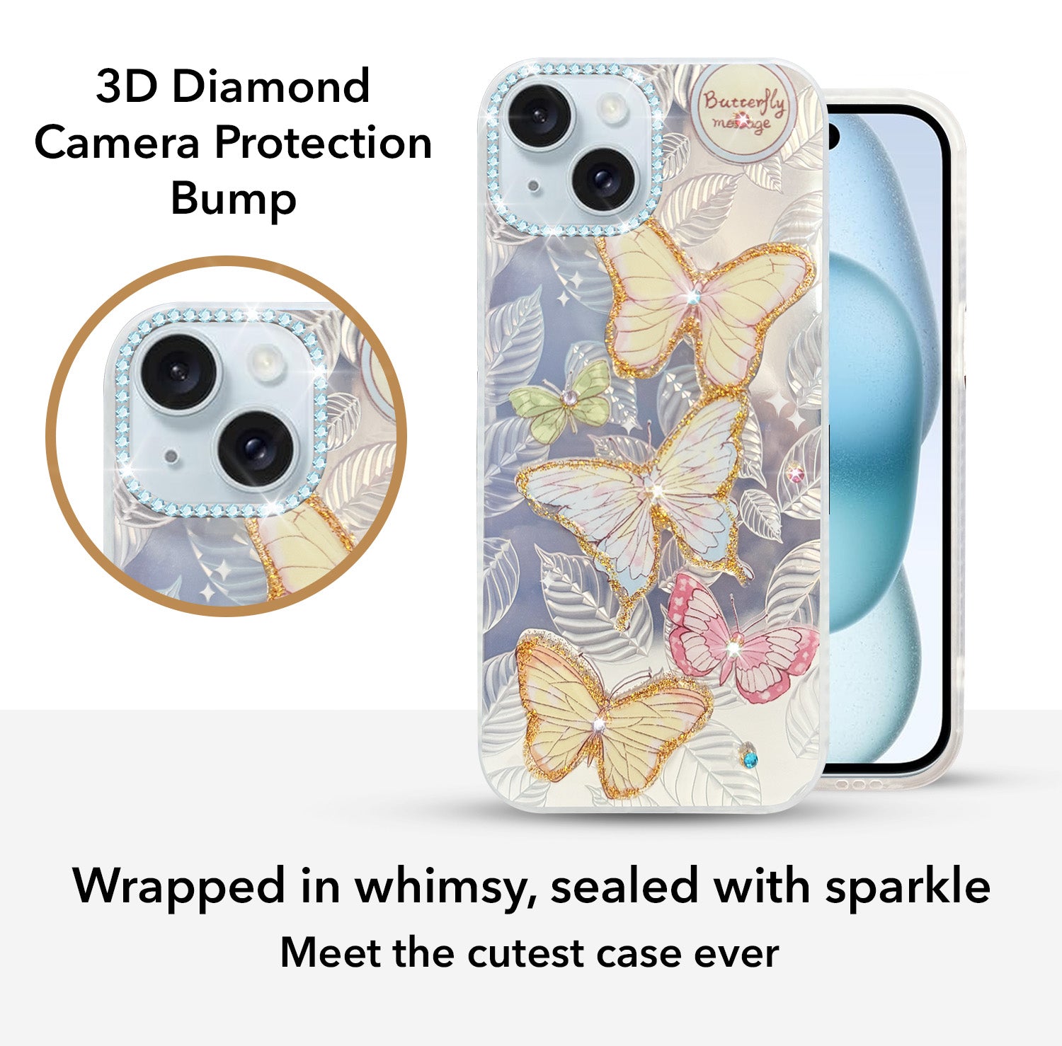 For Apple iPhone 15 Back Cover Case (Luxury Floral Glitter Cute Butterfly | Diamond Studded Camera Bump | Girls & Women Design)