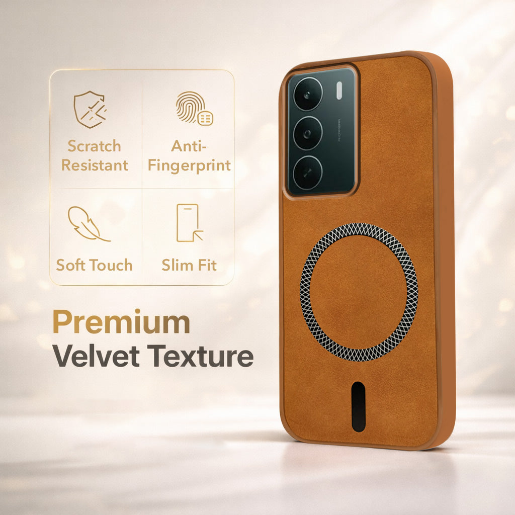 For Realme P3 lite Back Cover Case Leather Finish (MagSafe Compatible Wireless Charging | Soft Touch | Camera Bump Protection)