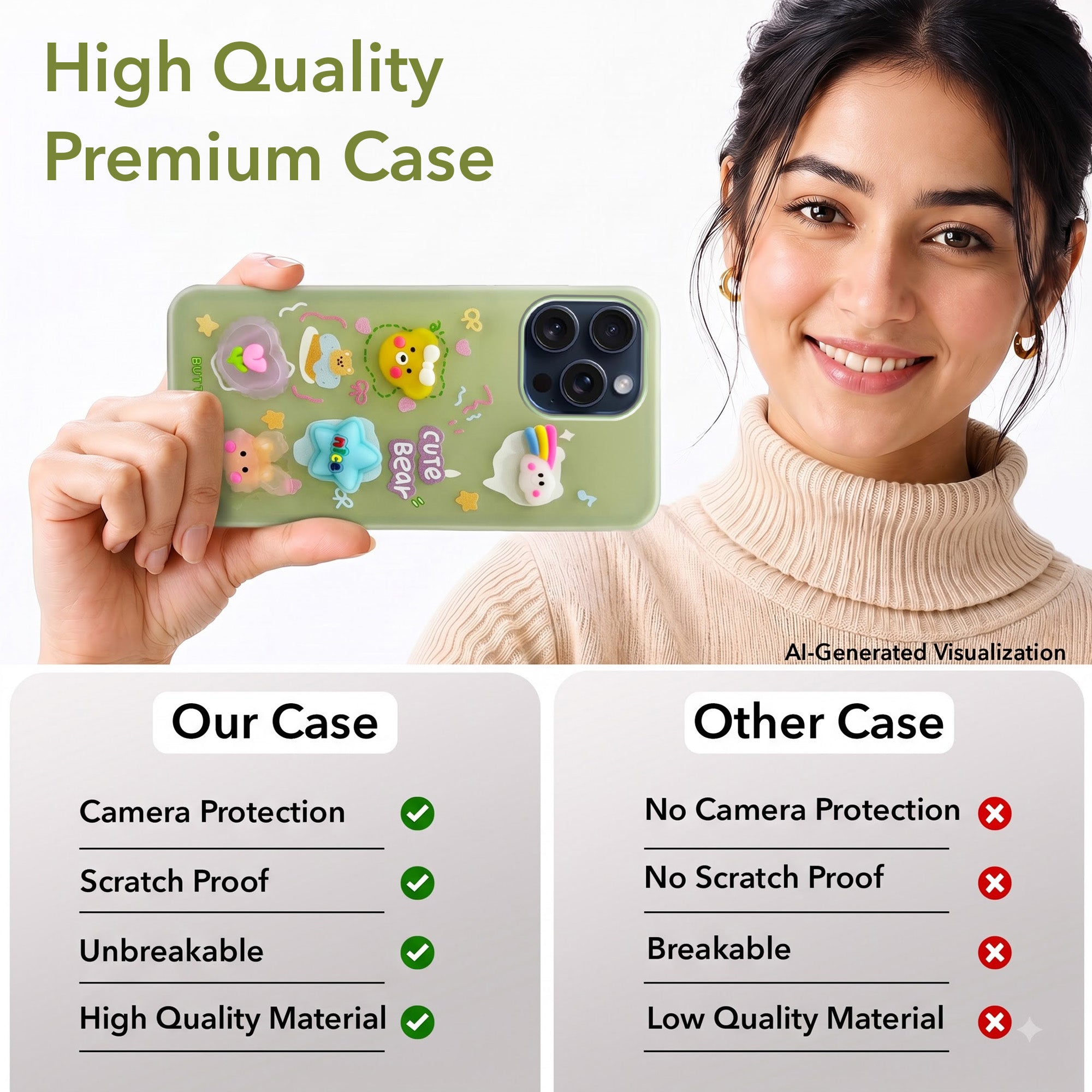 For Apple iPhone 15 Pro Max Back Cover Case (3D Cute Cartoons | Hard Back Side Soft | Matte Premium Finish | HD Printing)