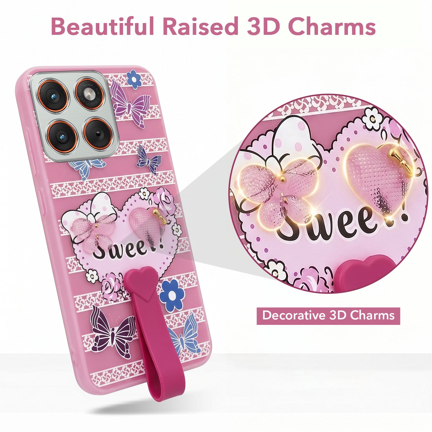 For Motorola Moto Edge 70 Back Cover Case (3D Cute Heart Strap Holder | Camera Protection | Designer Girls Print)