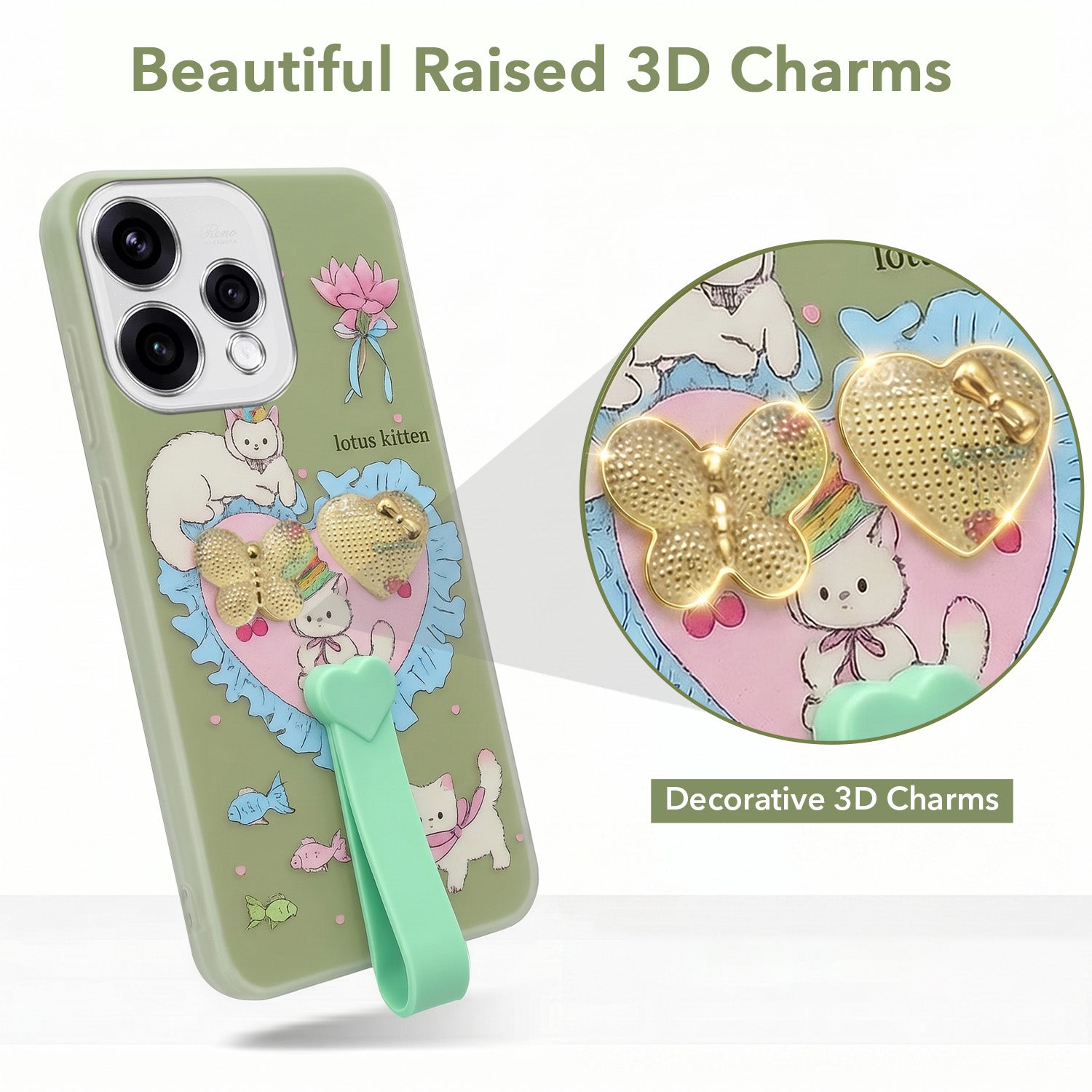 For Oppo Reno15 5G Back Cover Case (3D Cute Heart Strap Holder | Camera Protection | Designer Girls Print)