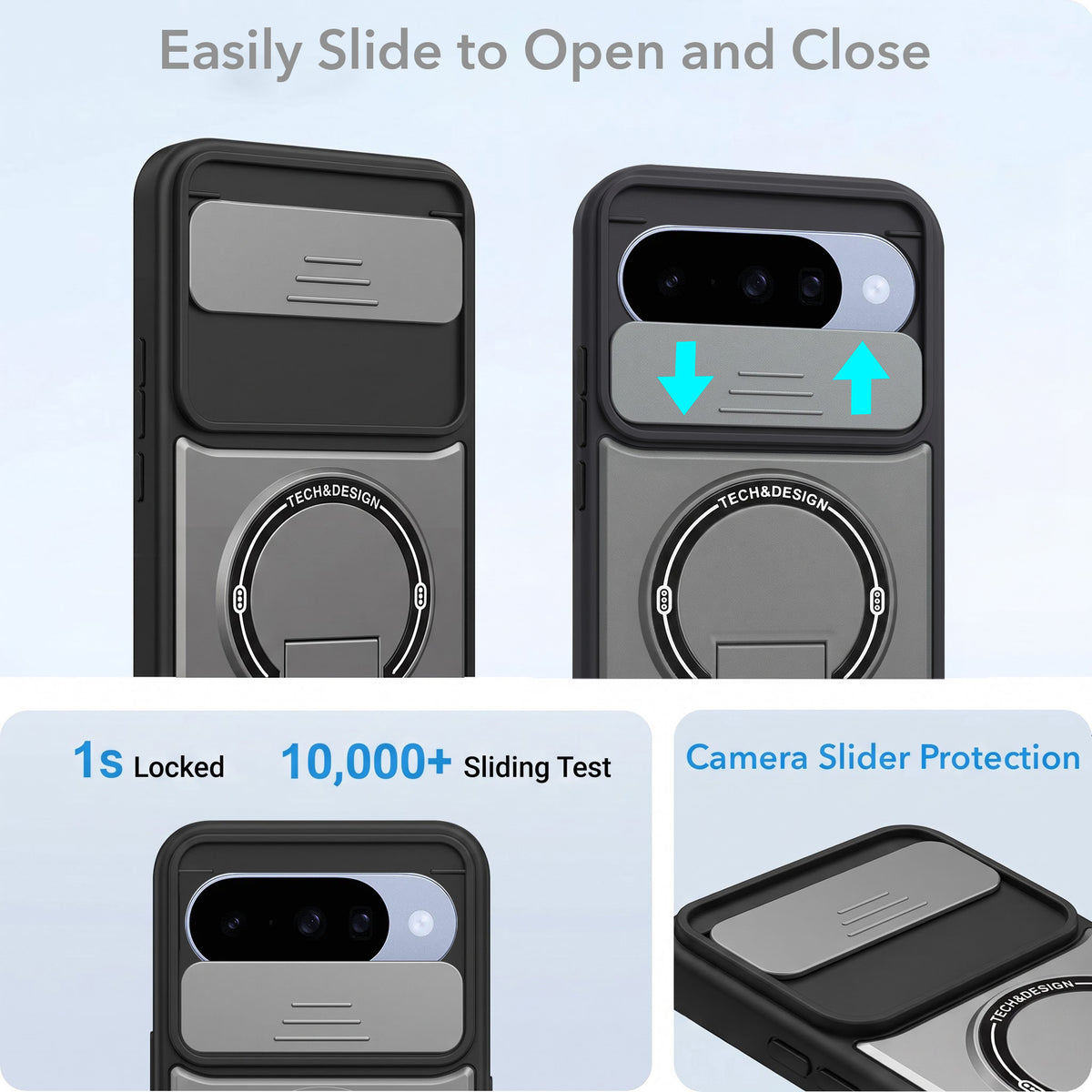 For Google Pixel 10 Back Case Cover Metallic (Hybrid Armor Kickstand | Sliding Shutter Camera Protection | MagSafe Compatible)