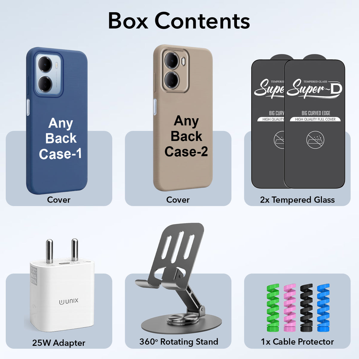 Complete Mobile Care Kit (Get Any 2 Cases+2 Tempered Glass+25W Charger Adapter+Metallic Mobile Stand+Cable Protector)