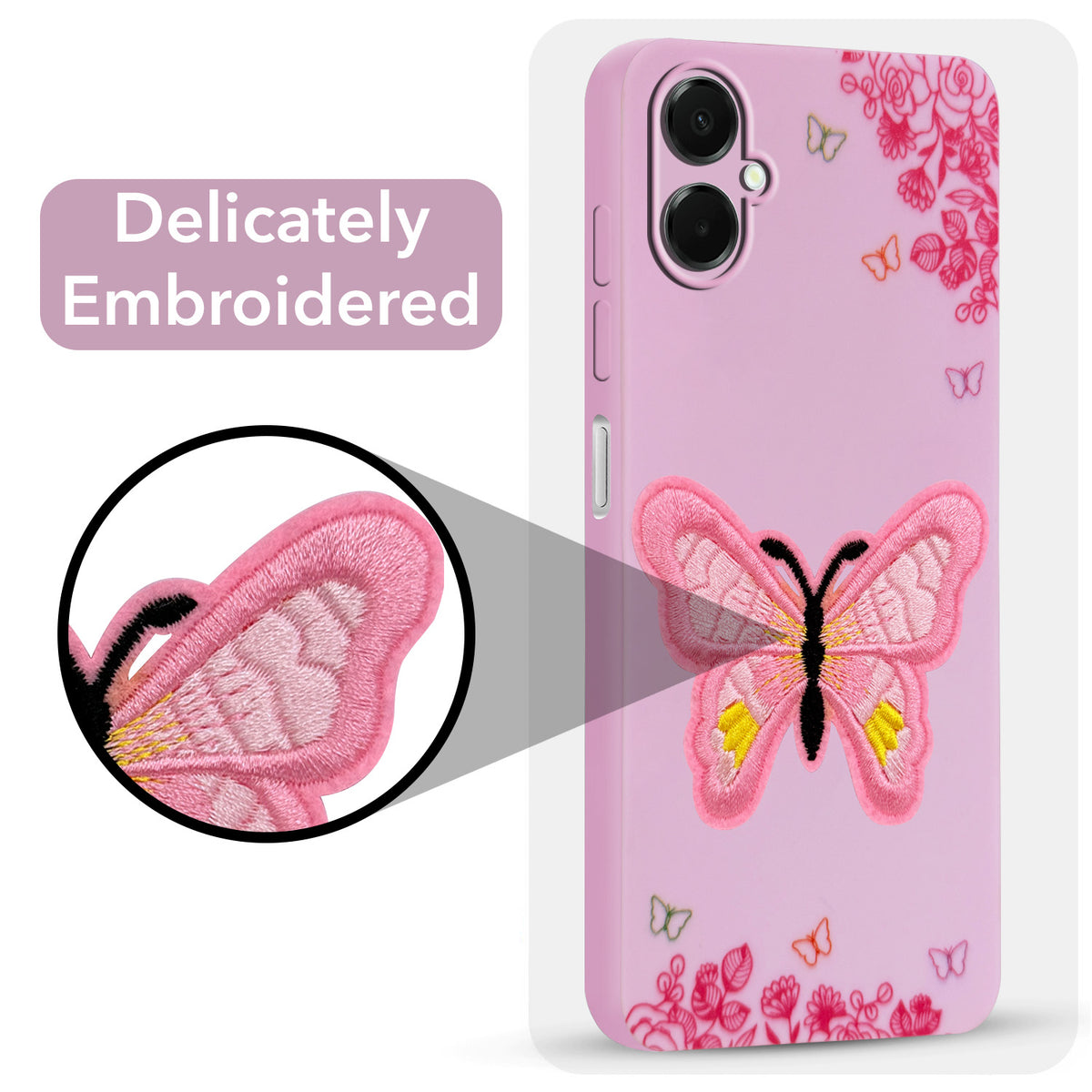 For Samsung Galaxy A06 Back Cover Case (Soft Butterfly Embroidery | Women Teen Girls | Camera Protection| Matte Silicone)