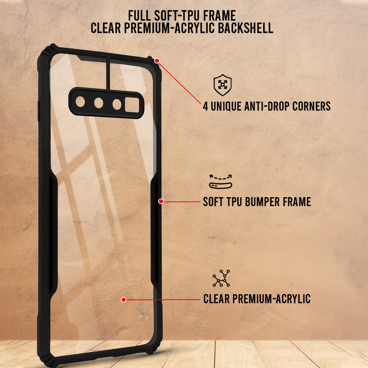 For Samsung Galaxy S10 Back Cover Case Hybrid (Shockproof with Polycarbonate Clear Panel | Professional Black)