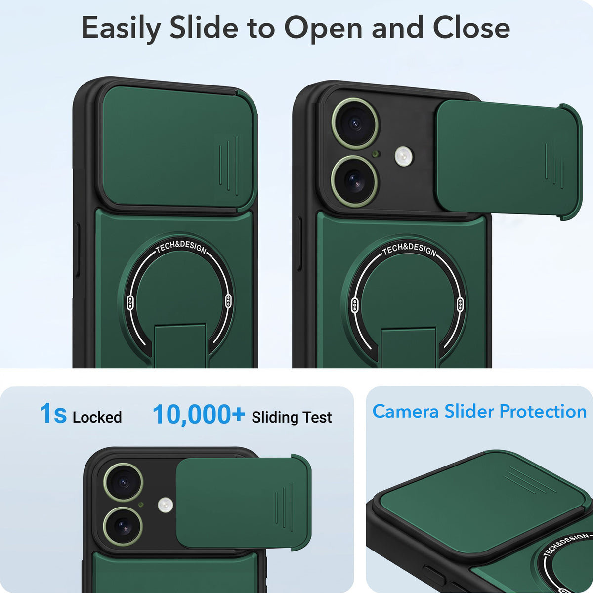 For Apple iPhone 16 Back Case Cover Metallic (Hybrid Armor Kickstand | Sliding Shutter Camera Protection | MagSafe Compatible)