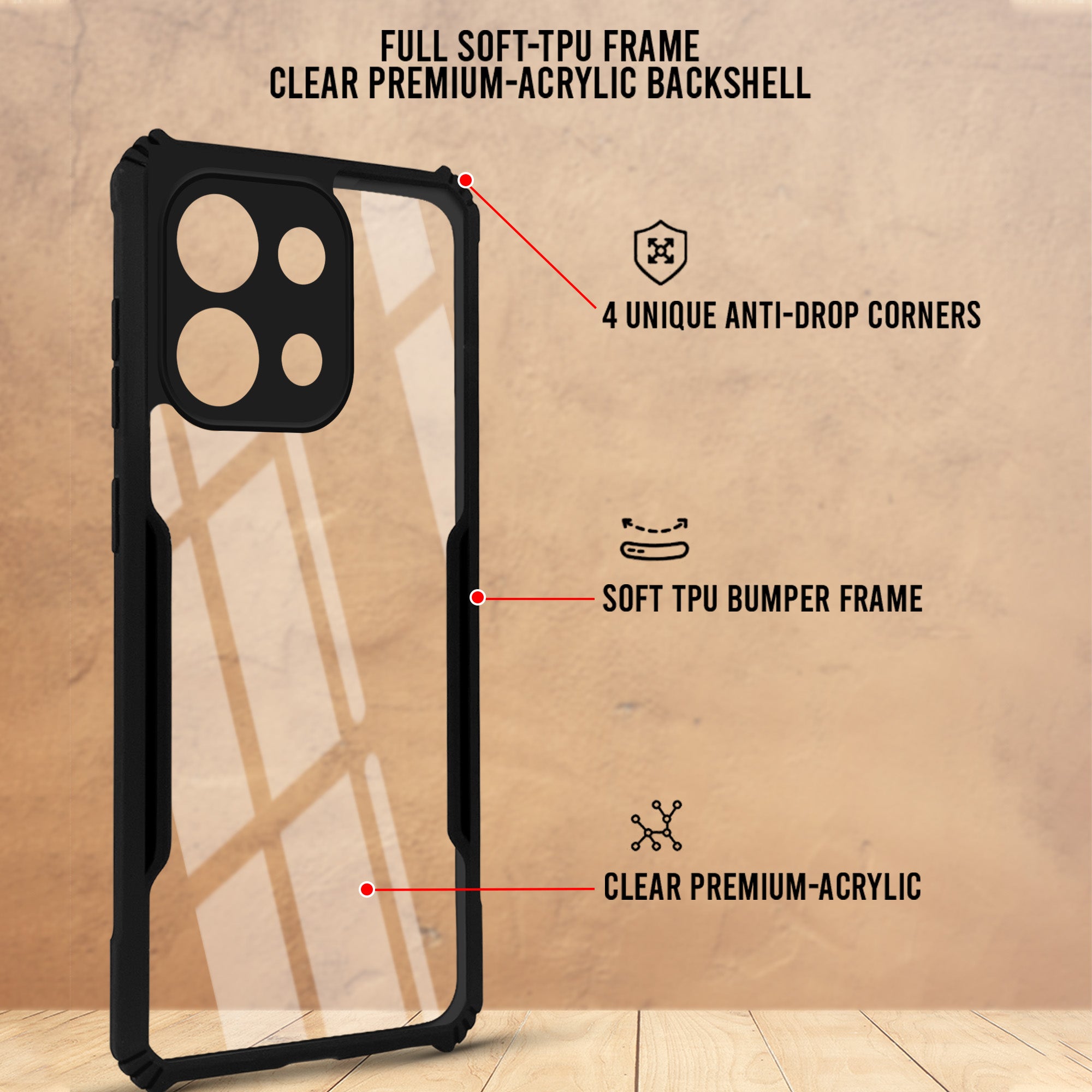 For Oppo Reno 16C 5G Back Cover Case Hybrid (Shockproof with Polycarbonate Clear Panel | Professional Black)
