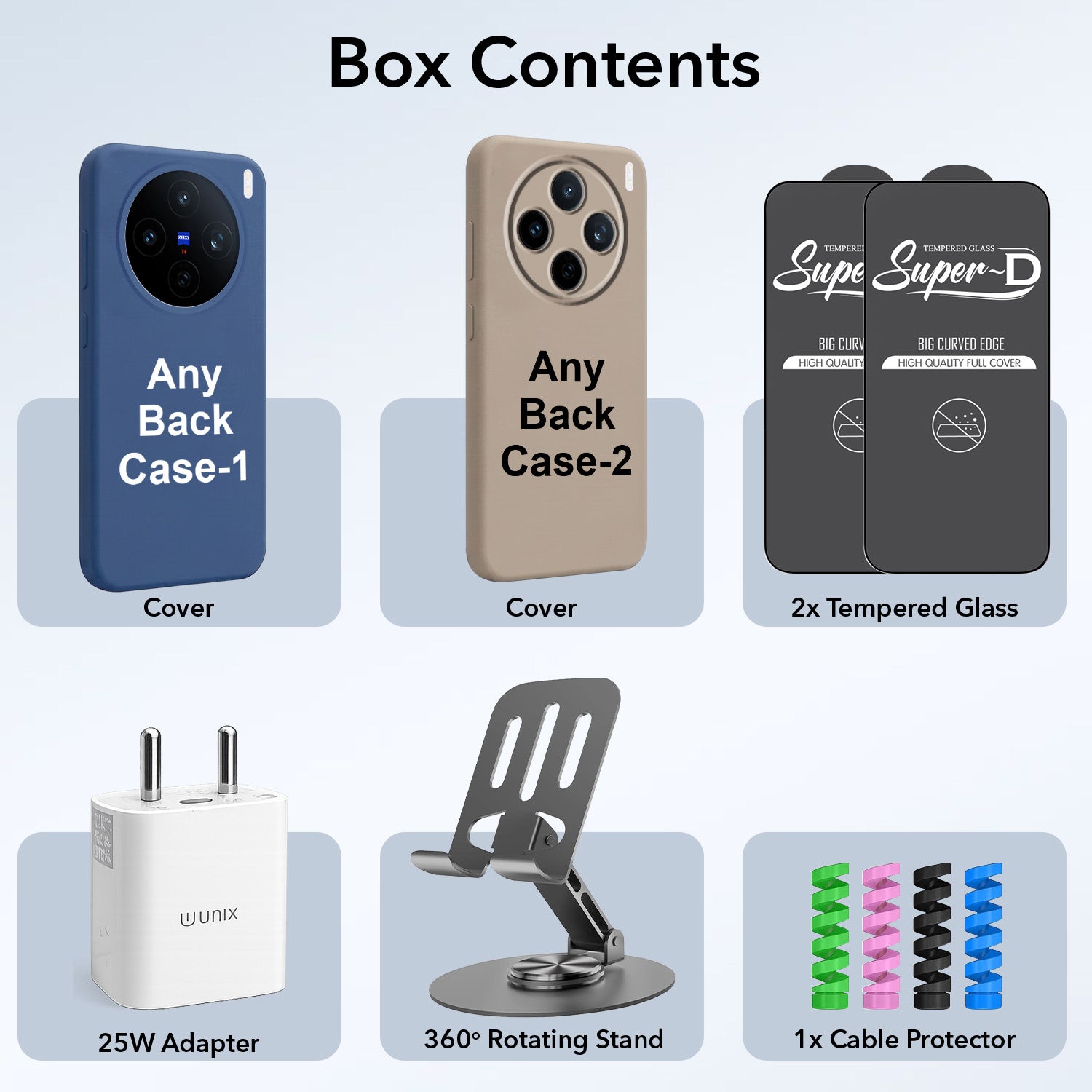 Complete Mobile Care Kit (Get Any 2 Cases+2 Tempered Glass+25W Charger Adapter+Metallic Mobile Stand+Cable Protector)