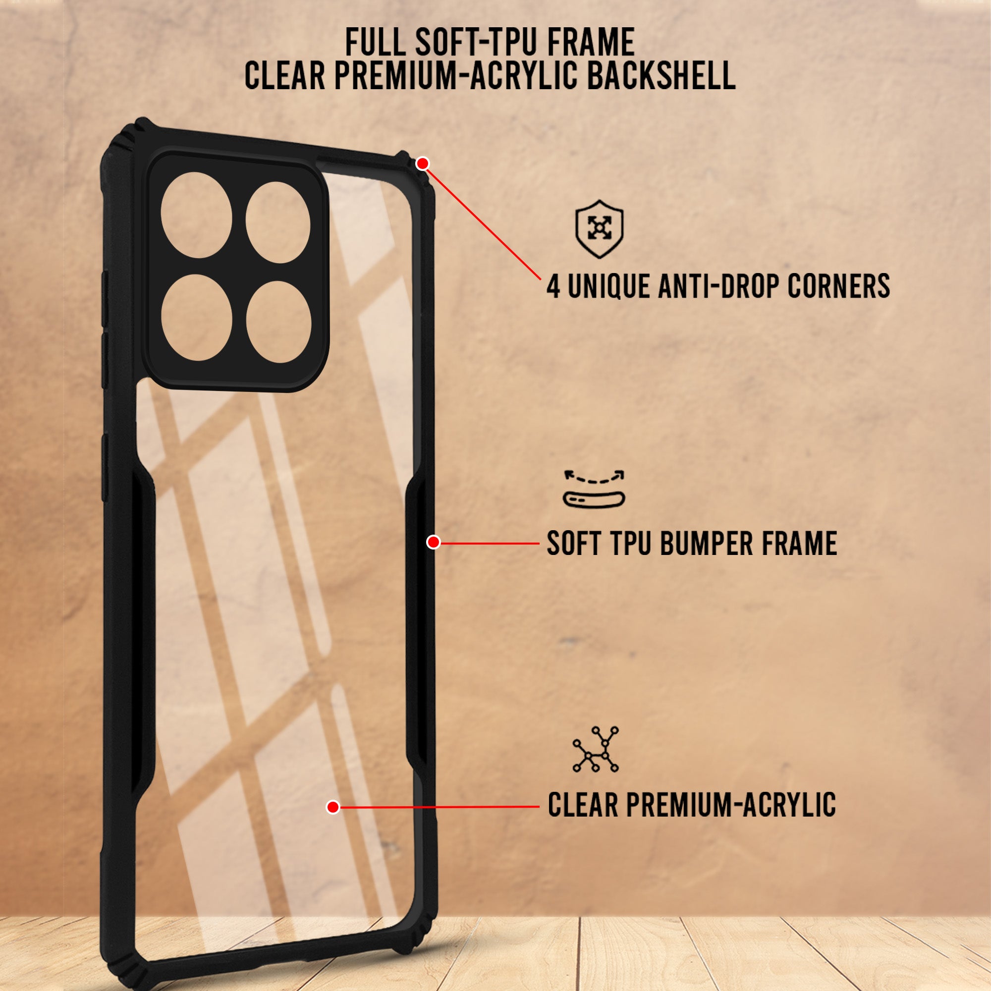 For Motorola Moto Edge 70 Max Back Cover Case Hybrid (Shockproof with Polycarbonate Clear Panel | Professional Black)