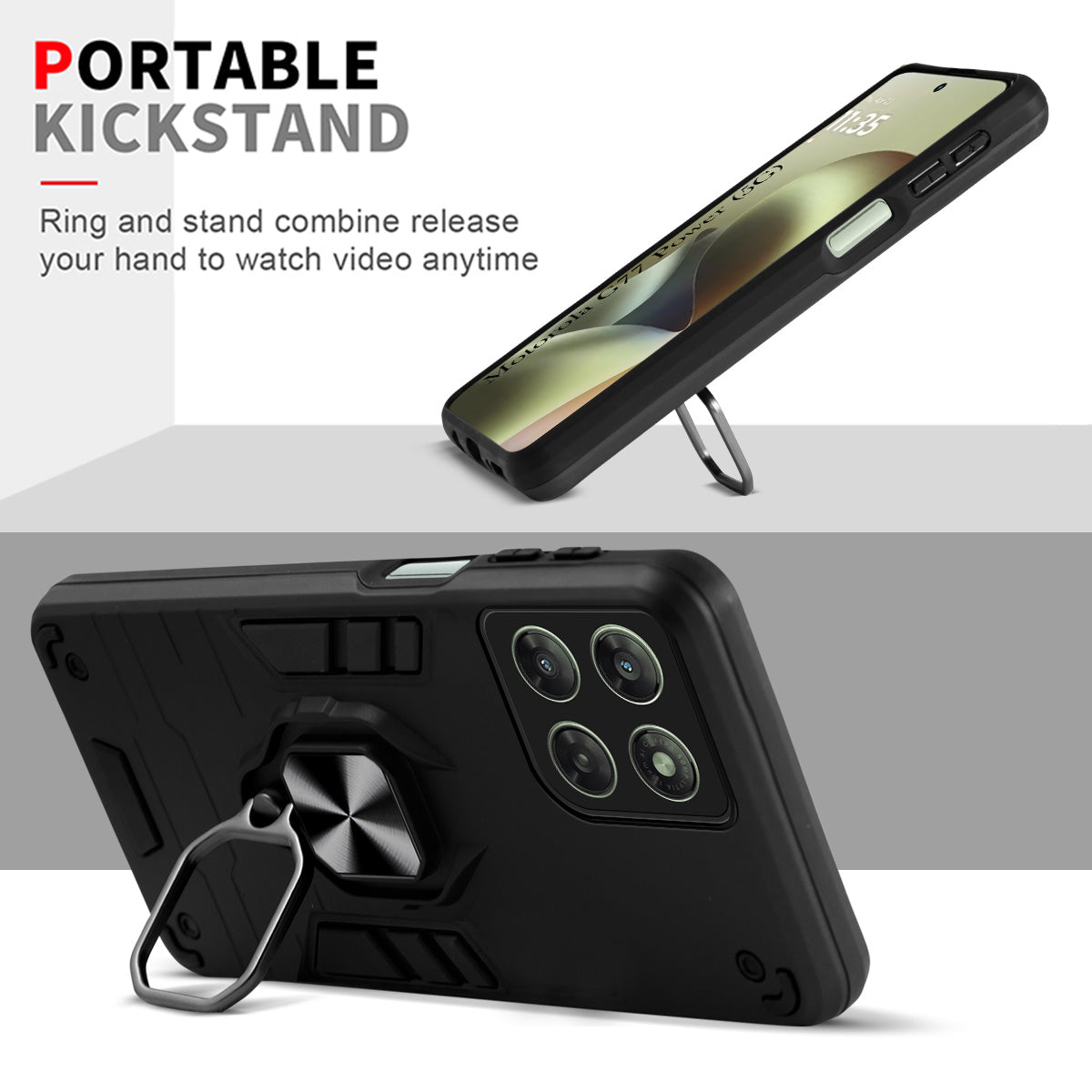 For Motorola Moto G77 Power Hybrid Armor Back Cover Case (Shockproof Dual Layer Polycarbonate |Ring Holder Kickstand)