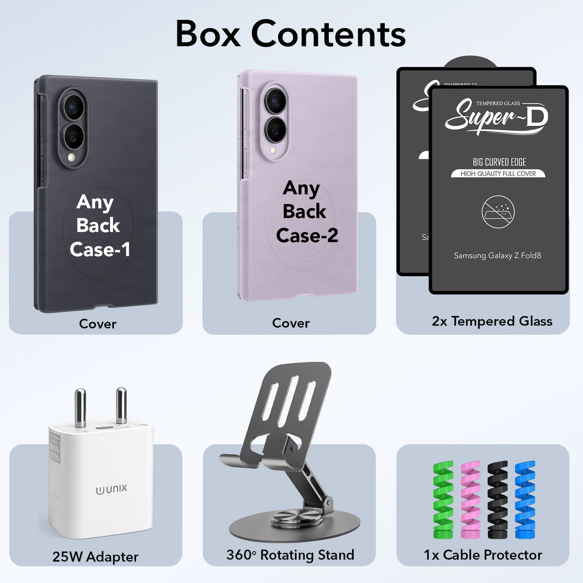 Complete Mobile Care Kit (Get Any 2 Cases+2 Tempered Glass+25W Charger Adapter+Metallic Mobile Stand+Cable Protector)