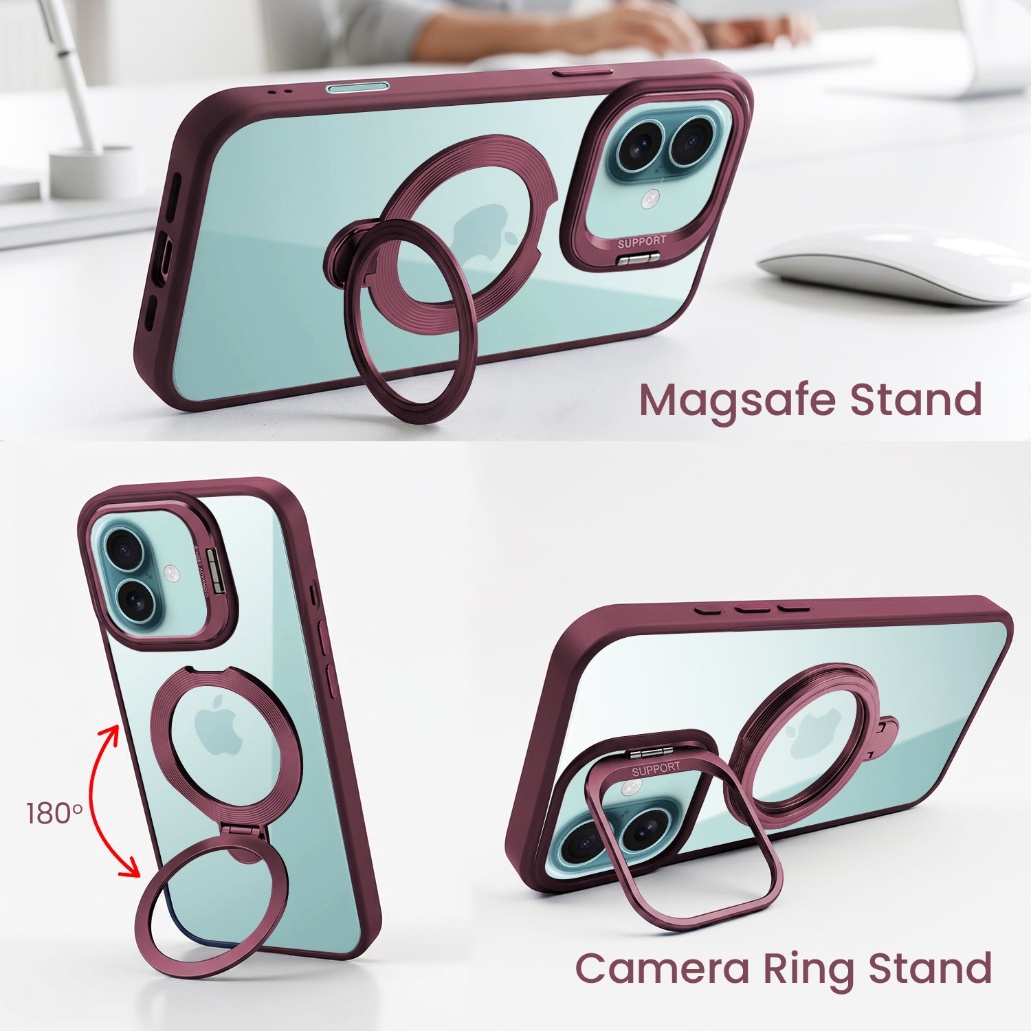 For Apple iPhone 16 Back Cover Case Crystal (Lifetime Anti Yellow | Magnetic Ring Stand | Camera Lens Protection | MagSafe Compatible)