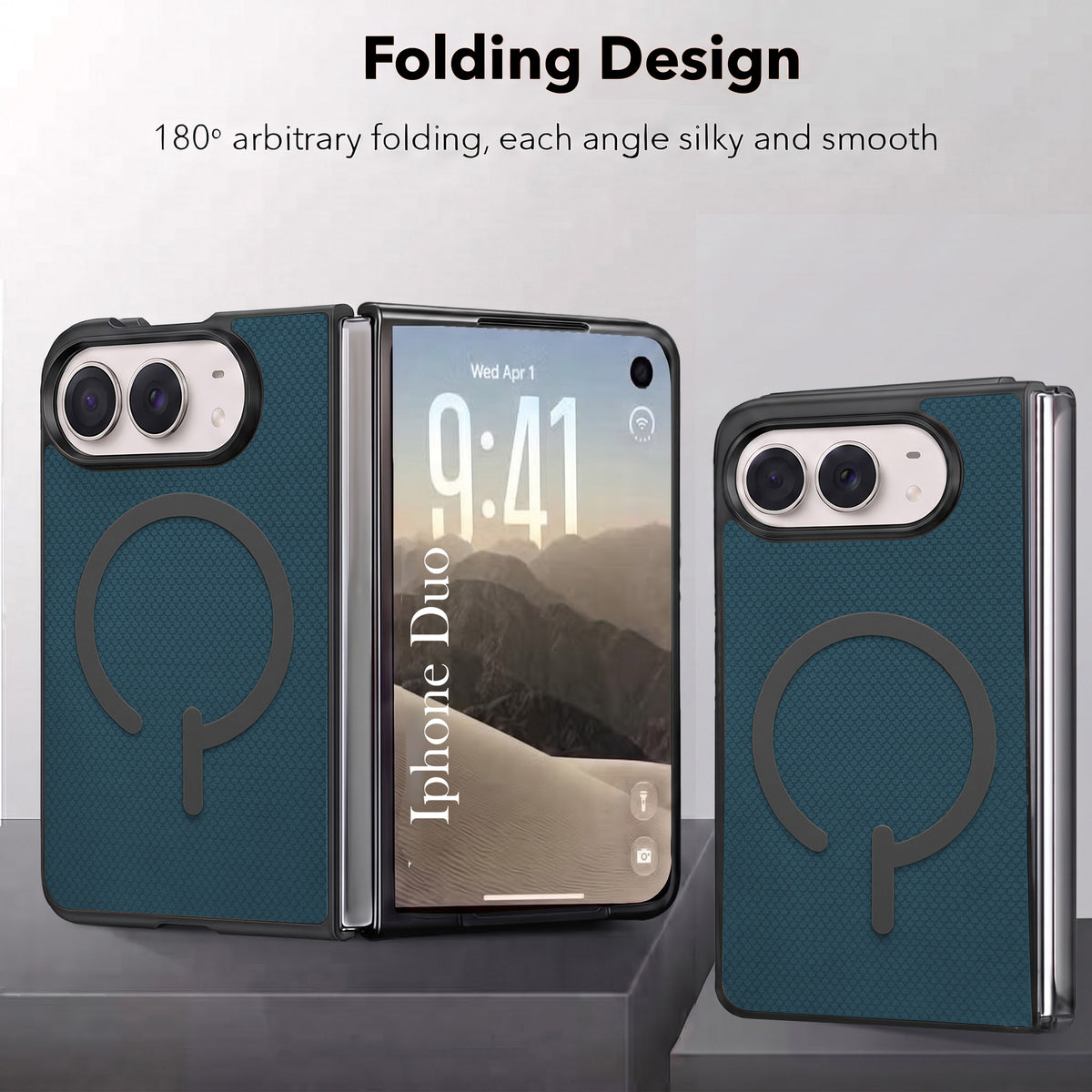 For Apple iPhone Duo Premium Magnetic Back Cover Case (MagSafe Compatible | 180° Folding Design | Soft Microfiber Inner Lining | Textured Blue Finish)