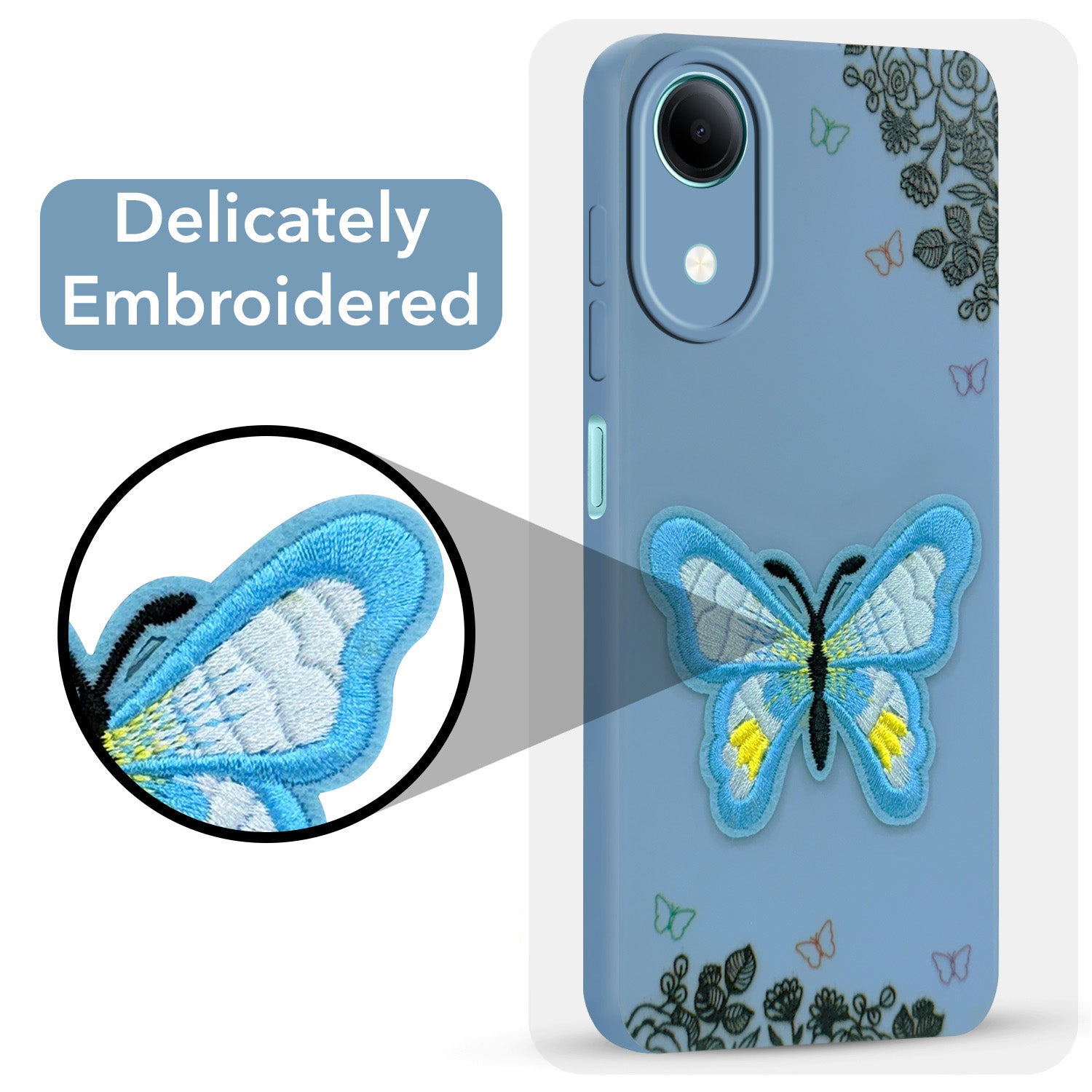 For Vivo T5e 5G Back Cover Case (Soft Butterfly Embroidery | Women Teen Girls | Camera Protection| Matte Silicone)