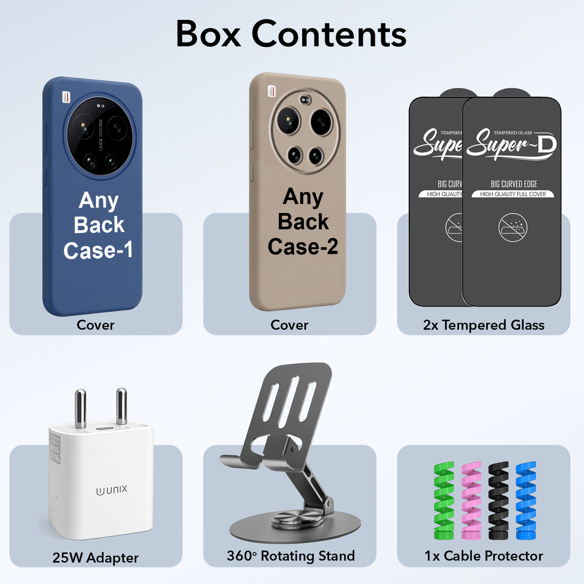 Complete Mobile Care Kit (Get Any 2 Cases+2 Tempered Glass+25W Charger Adapter+Metallic Mobile Stand+Cable Protector)