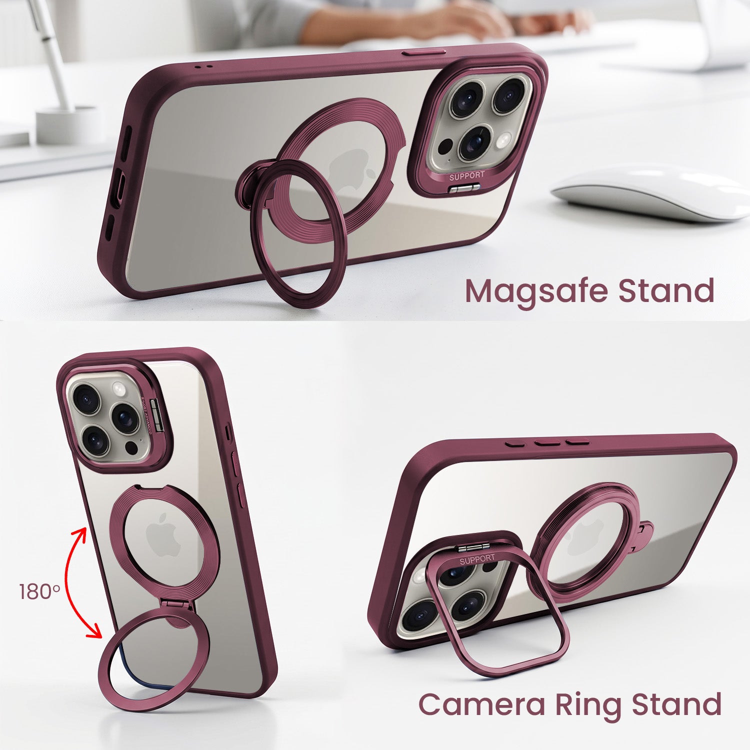 For iPhone 16 Pro Max Back Cover Case Crystal (Lifetime Anti Yellow | Magnetic Ring Stand | Camera Lens Protection | MagSafe Compatible)