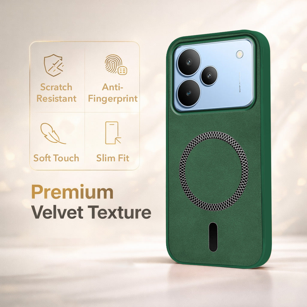 For Realme P4 Back Cover Case Leather Finish (MagSafe Compatible Wireless Charging | Soft Touch | Camera Bump Protection)