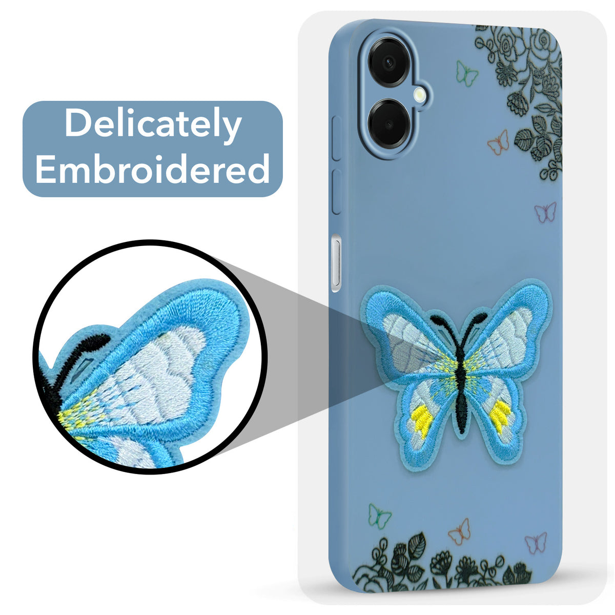For Samsung Galaxy A06 Back Cover Case (Soft Butterfly Embroidery | Women Teen Girls | Camera Protection| Matte Silicone)