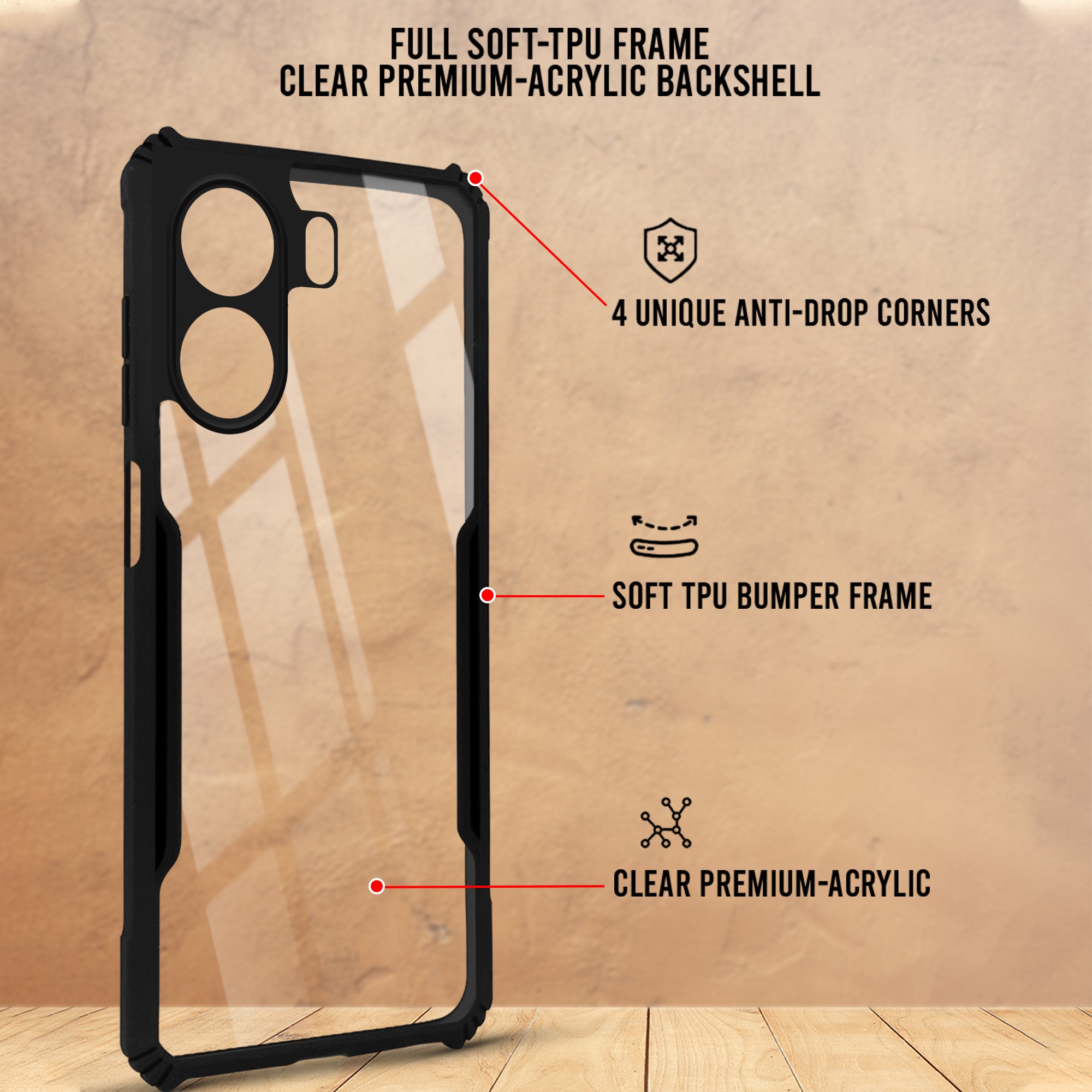 For Redmi 13C 4G Back Cover Case Hybrid (Shockproof with Polycarbonate Clear Panel | Professional Black)