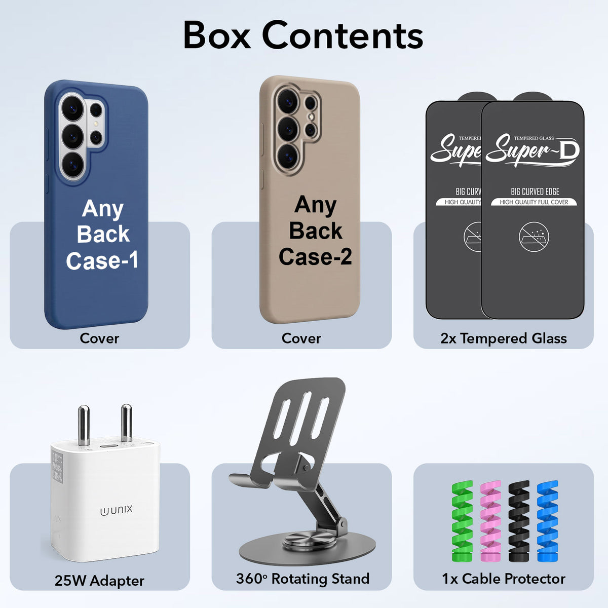 Complete Mobile Care Kit (Get Any 2 Cases+2 Tempered Glass+25W Charger Adapter+Metallic Mobile Stand+Cable Protector)