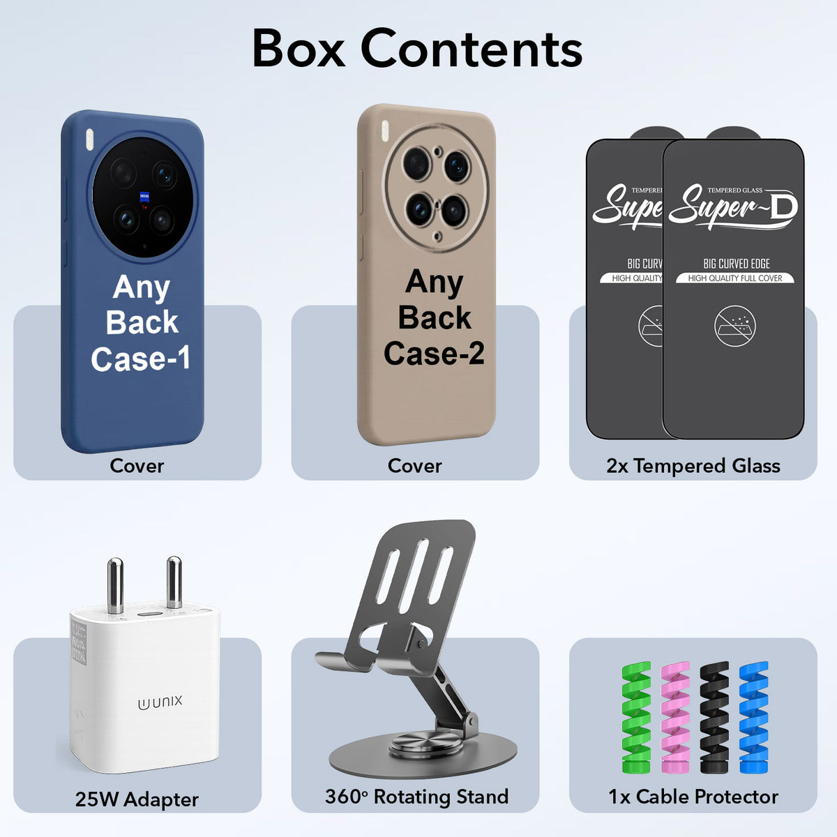 Complete Mobile Care Kit (Get Any 2 Cases+2 Tempered Glass+25W Charger Adapter+Metallic Mobile Stand+Cable Protector)