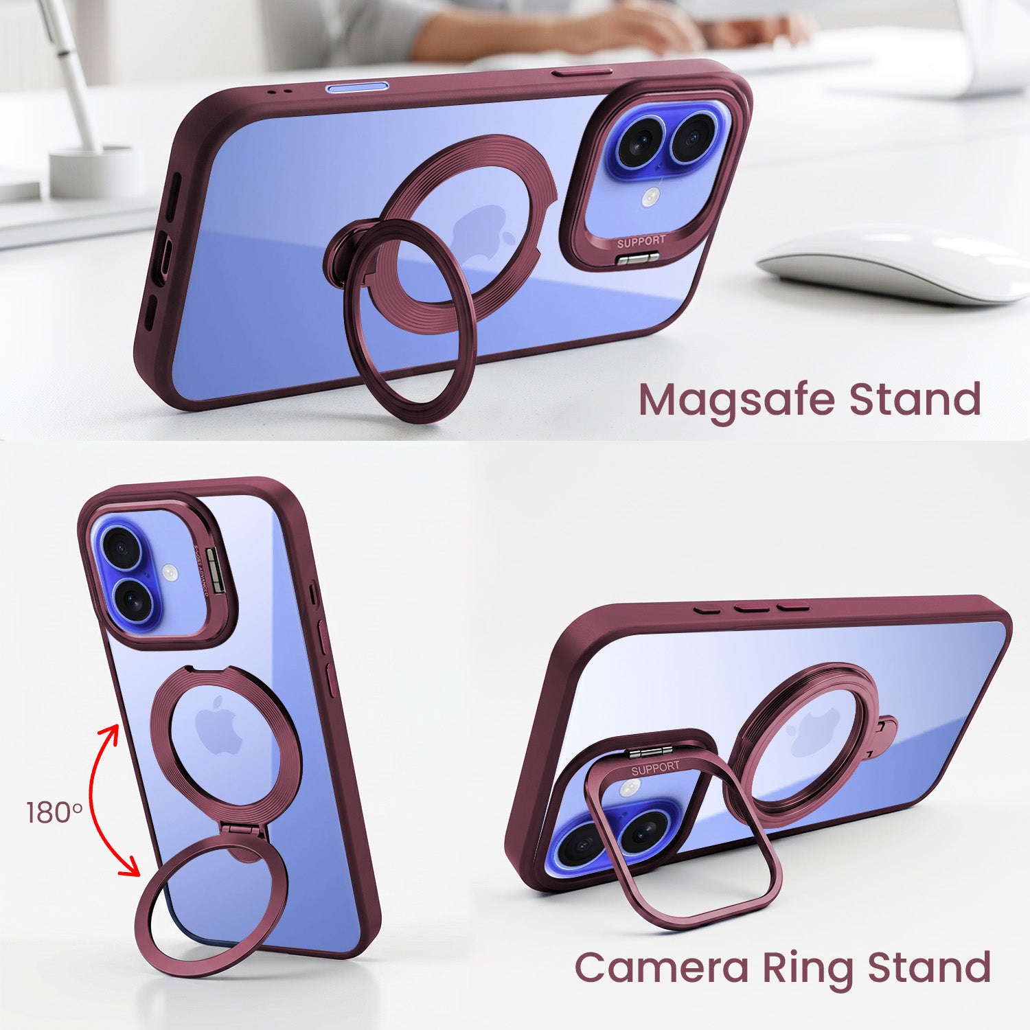 For Apple iPhone 16 Plus Back Cover Case Crystal (Lifetime Anti Yellow | Magnetic Ring Stand | Camera Lens Protection | MagSafe Compatible)