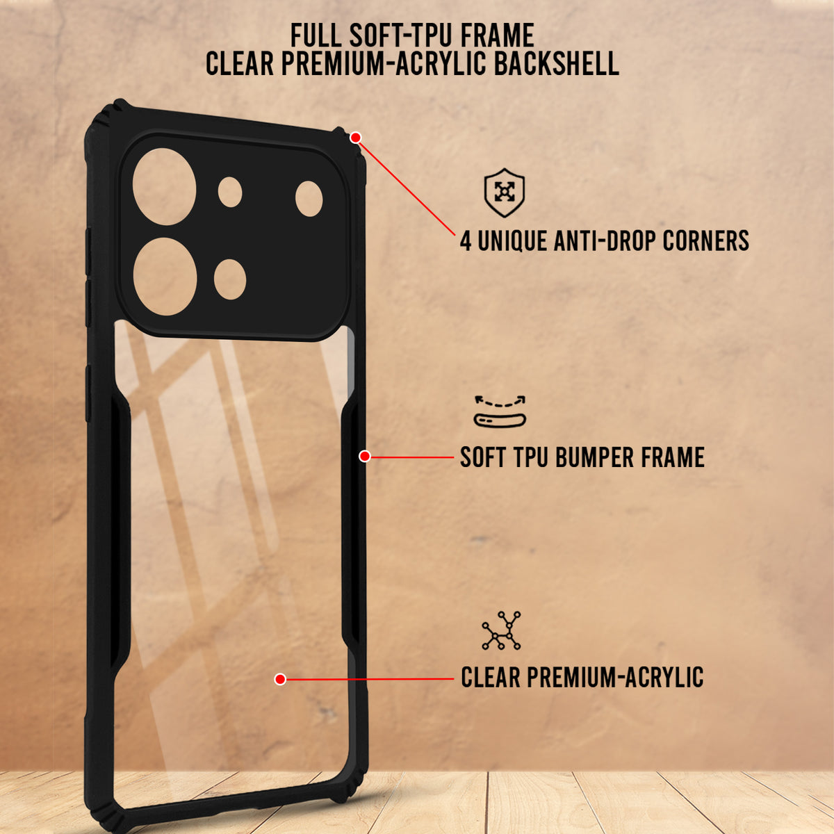 For Vivo V80 5G Back Cover Case Hybrid (Shockproof with Polycarbonate Clear Panel | Professional Black)