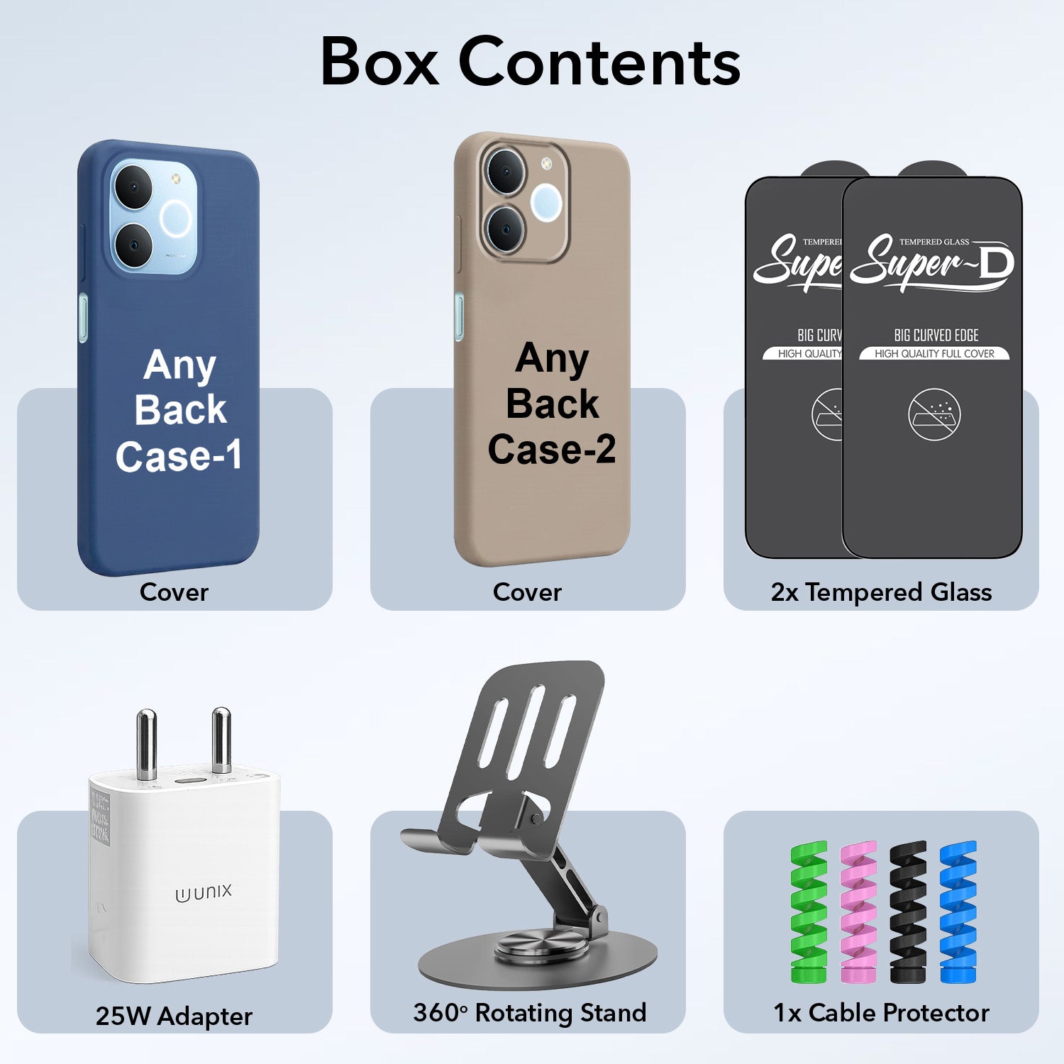 Complete Mobile Care Kit (Get Any 2 Cases+2 Tempered Glass+25W Charger Adapter+Metallic Mobile Stand+Cable Protector)