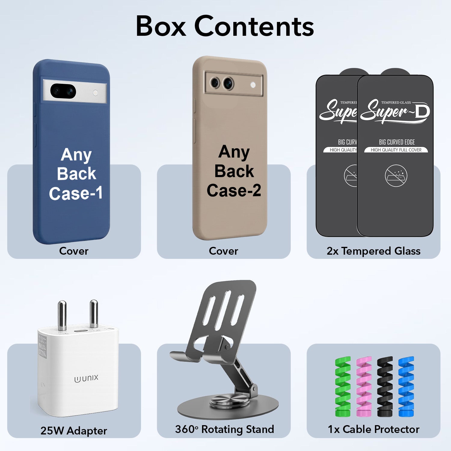 Complete Mobile Care Kit (Get Any 2 Cases+2 Tempered Glass+25W Charger Adapter+Metallic Mobile Stand+Cable Protector)