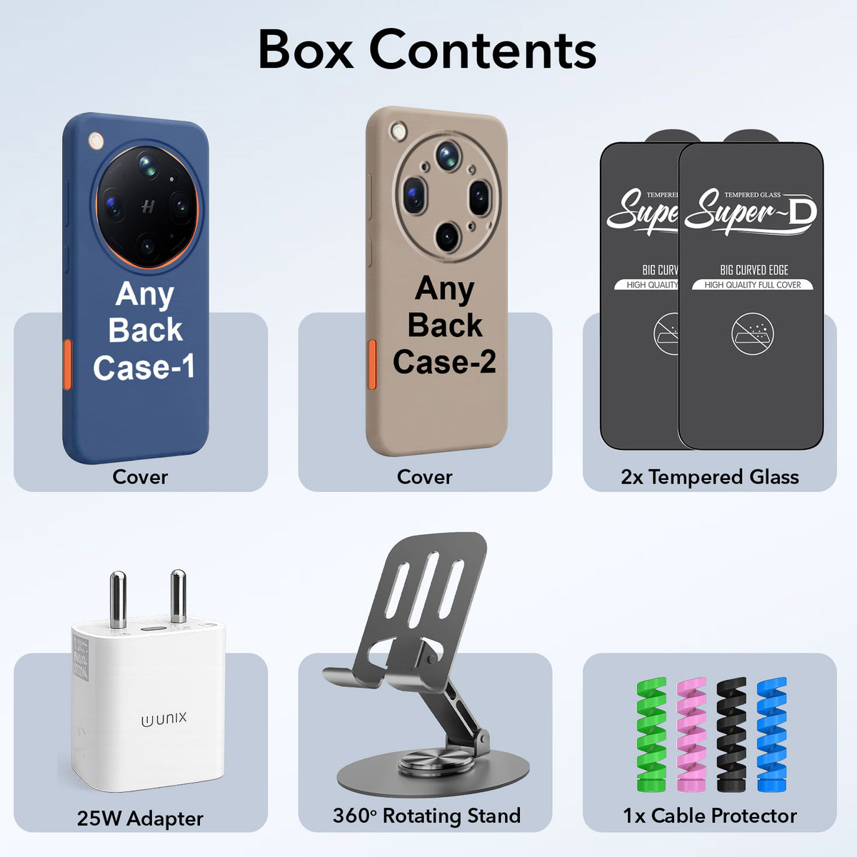Complete Mobile Care Kit (Get Any 2 Cases+2 Tempered Glass+25W Charger Adapter+Metallic Mobile Stand+Cable Protector)
