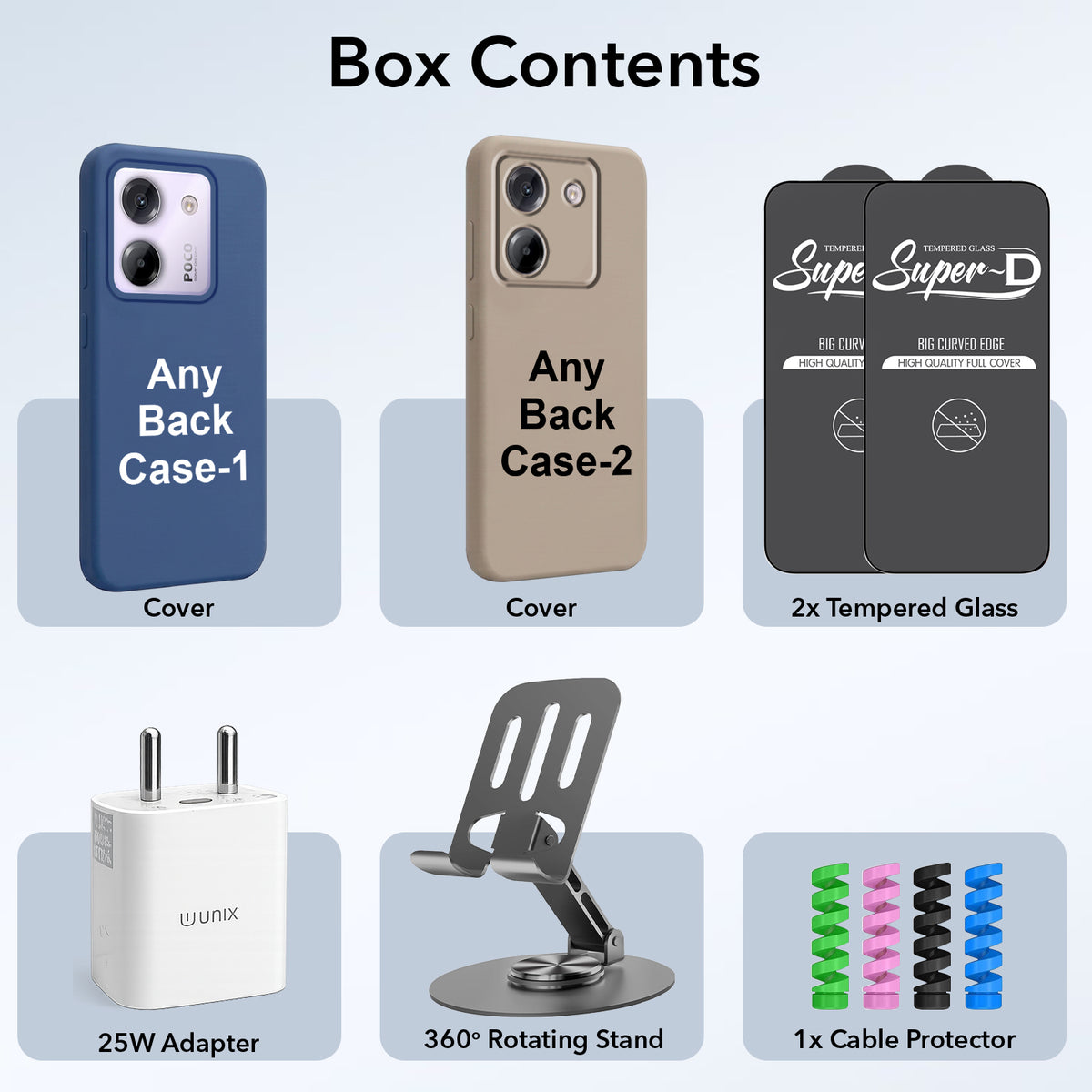 Complete Mobile Care Kit (Get Any 2 Cases+2 Tempered Glass+25W Charger Adapter+Metallic Mobile Stand+Cable Protector)
