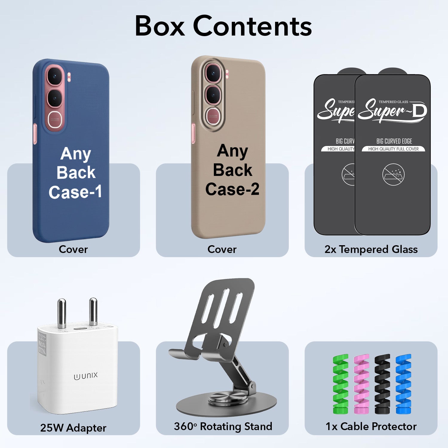 Complete Mobile Care Kit (Get Any 2 Cases+2 Tempered Glass+25W Charger Adapter+Metallic Mobile Stand+Cable Protector)