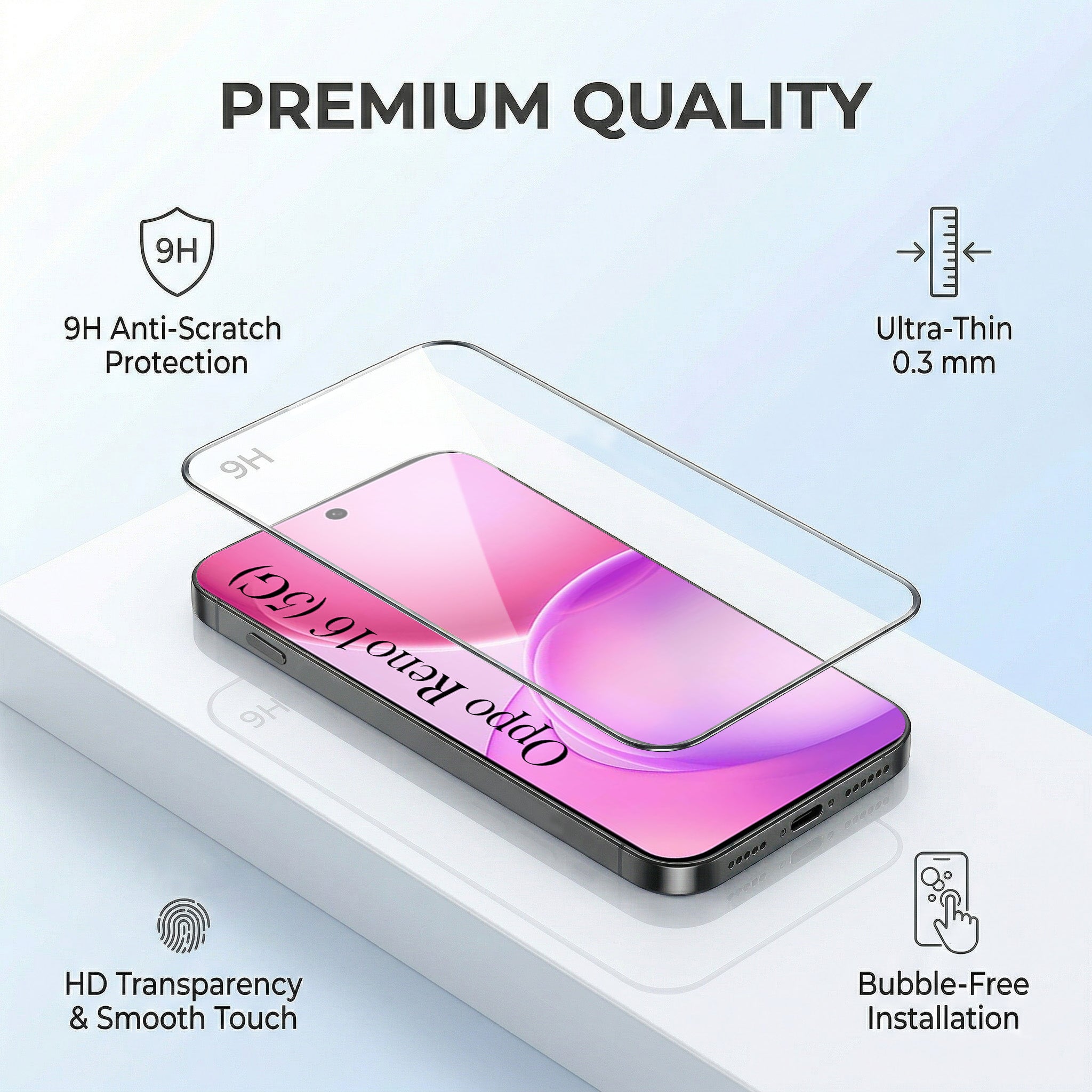 For Oppo Reno 16 Combo with Back Cover and 9H Tempered Glass (Textured Grip Design | Micro-Fiber Cloth Inside | Oleophobic Coating Screen Glass)