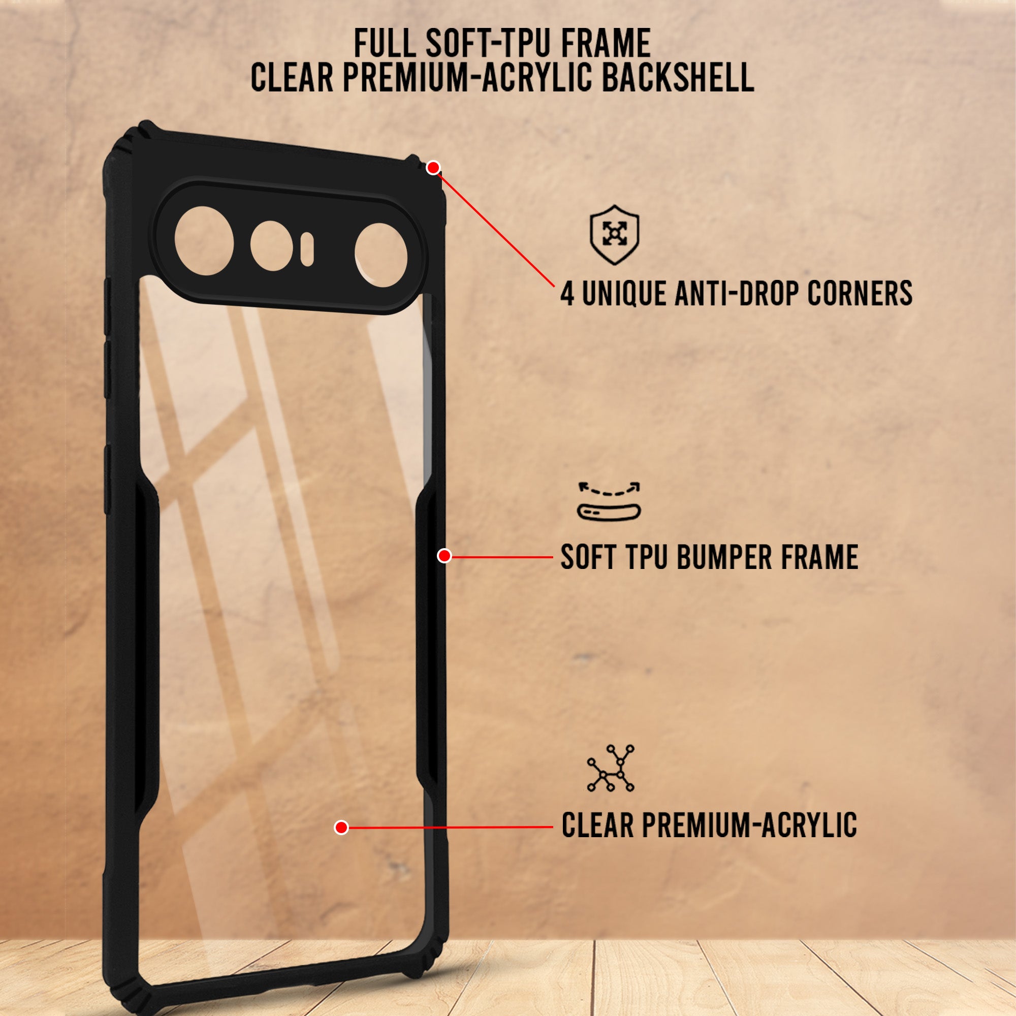 For Vivo X300 FE Back Cover Case Hybrid (Shockproof with Polycarbonate Clear Panel | Professional Black)