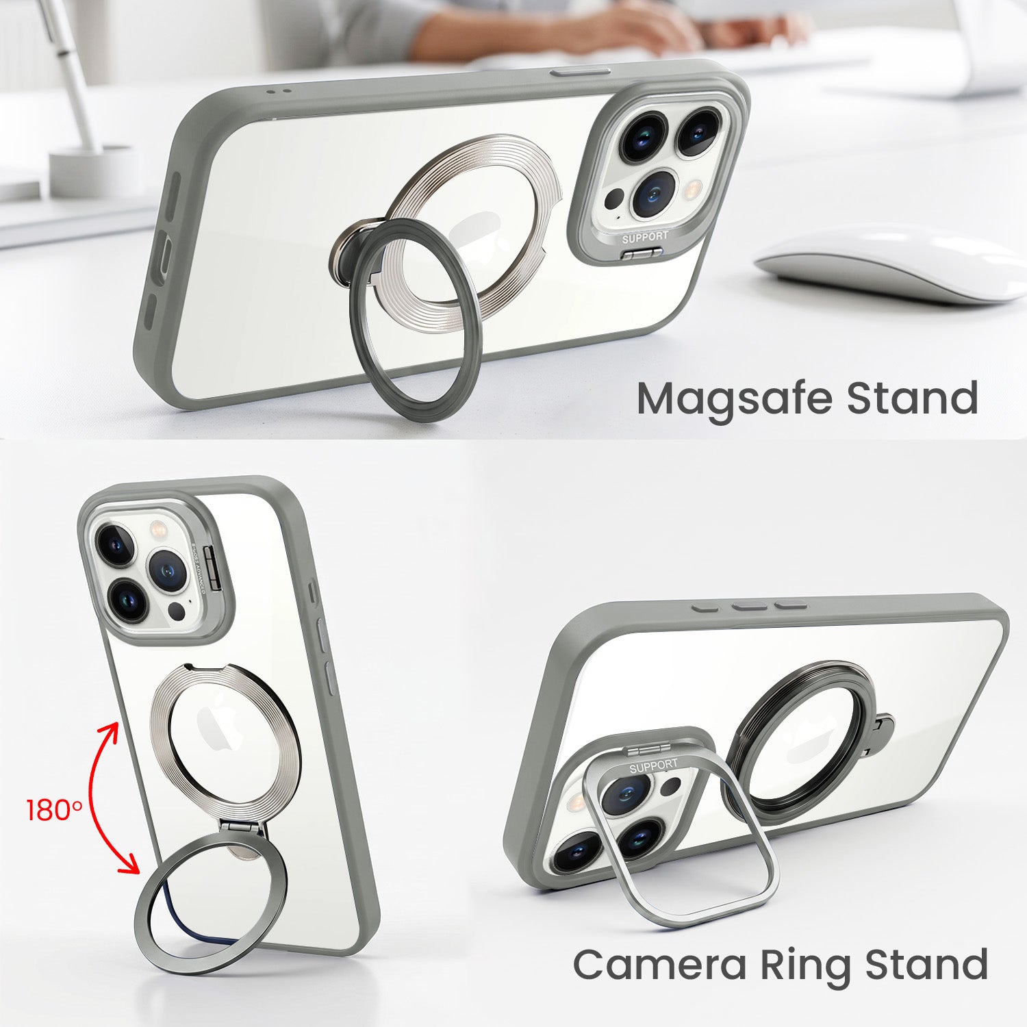 For Apple iPhone 13 Pro Max Back Cover Case Crystal (Lifetime Anti Yellow | Magnetic Ring Stand | Camera Lens Protection | MagSafe Compatible)
