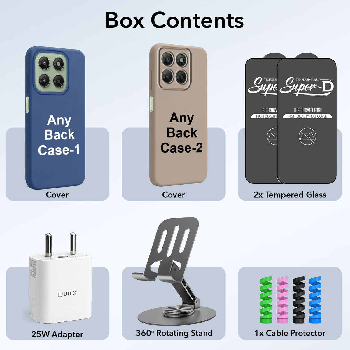 Complete Mobile Care Kit (Get Any 2 Cases+2 Tempered Glass+25W Charger Adapter+Metallic Mobile Stand+Cable Protector)