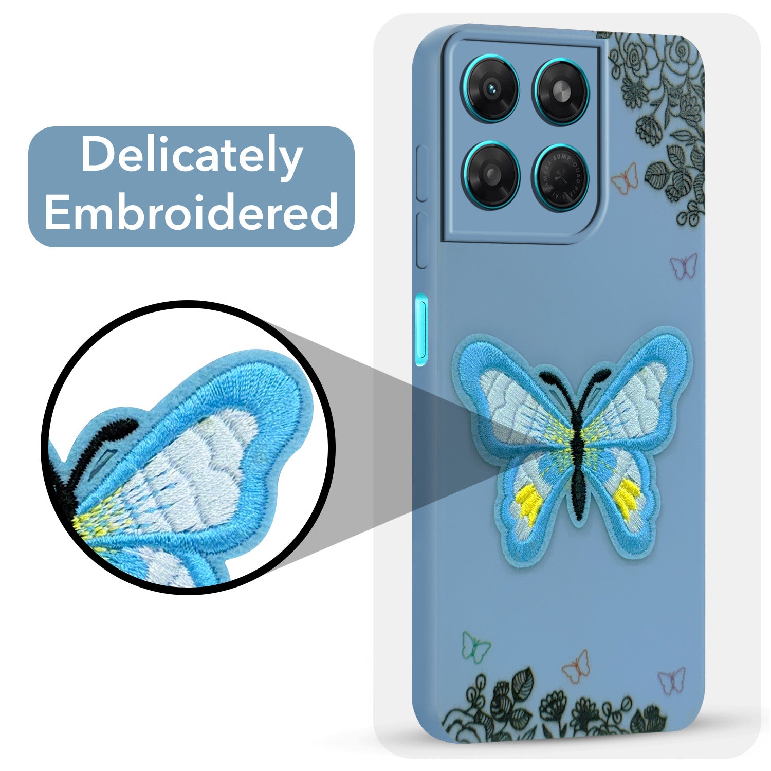 For Motorola Moto G37 Power Back Cover Case (Soft Butterfly Embroidery | Women Teen Girls | Camera Protection| Matte Silicone)