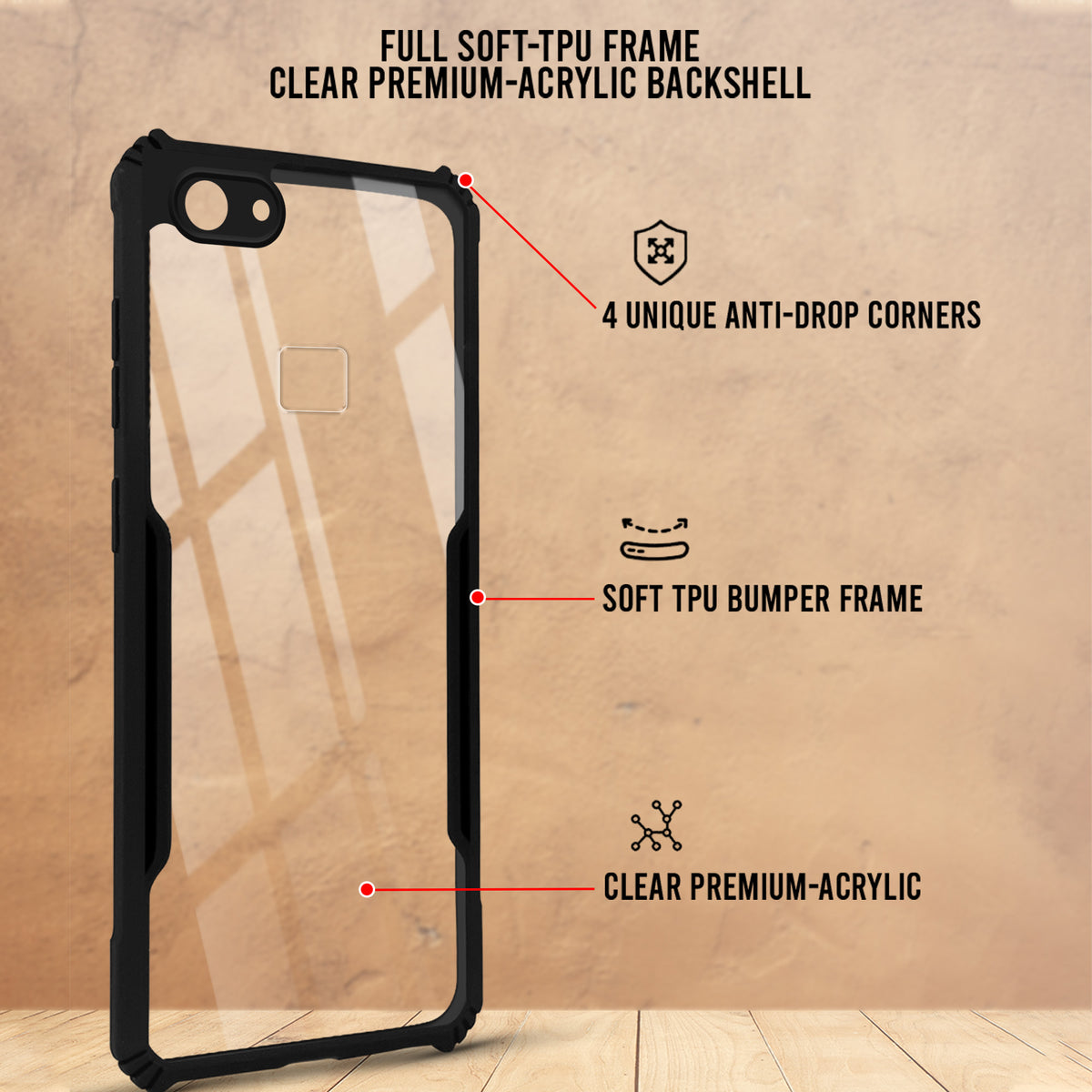 For Vivo V7 Plus Back Cover Case Hybrid (Shockproof with Polycarbonate Clear Panel | Professional Black)
