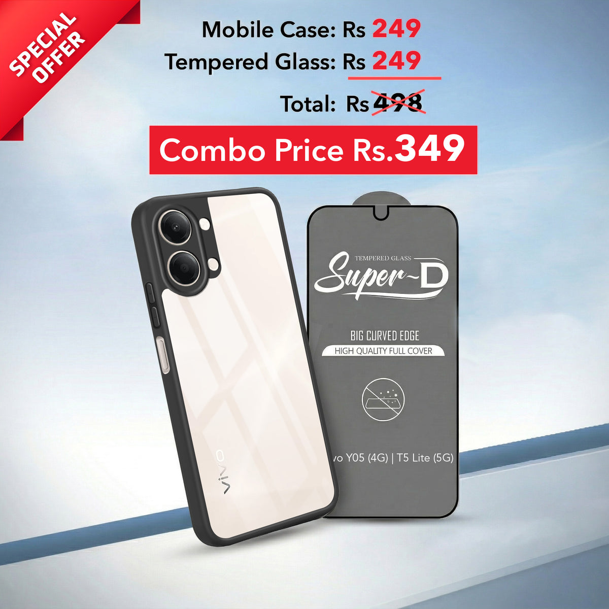 For Vivo Y05 (4G) | Vivo T5 Lite (5G)  Combo with Back Cover and 9H Tempered Glass (Lifetime Anti-Yellow | Crystal Clear Shockproof | Oleophobic Coating Screen Glass)